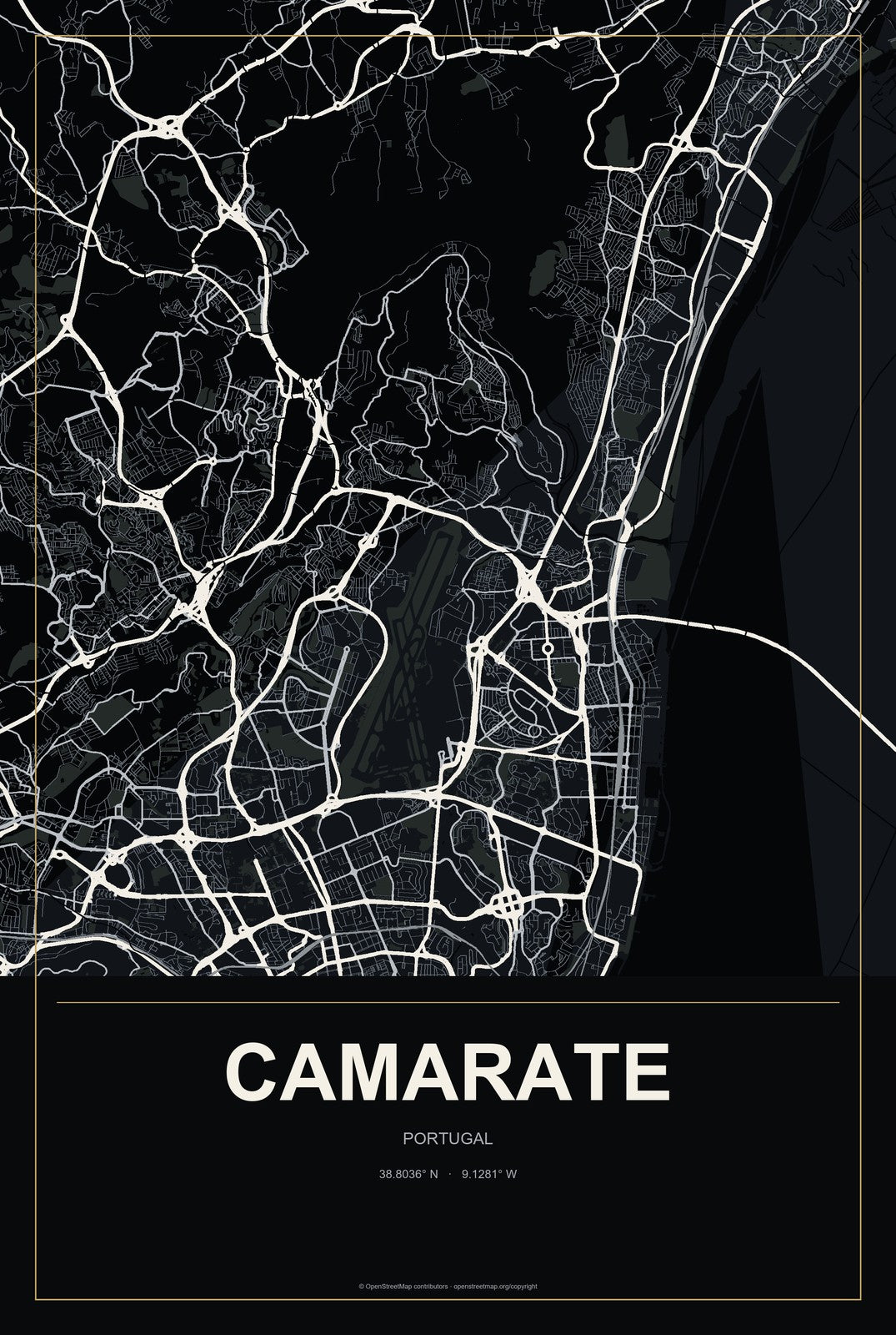 Camarate, Portugal City Map Aluminum Sign in Metropolitan Noir style