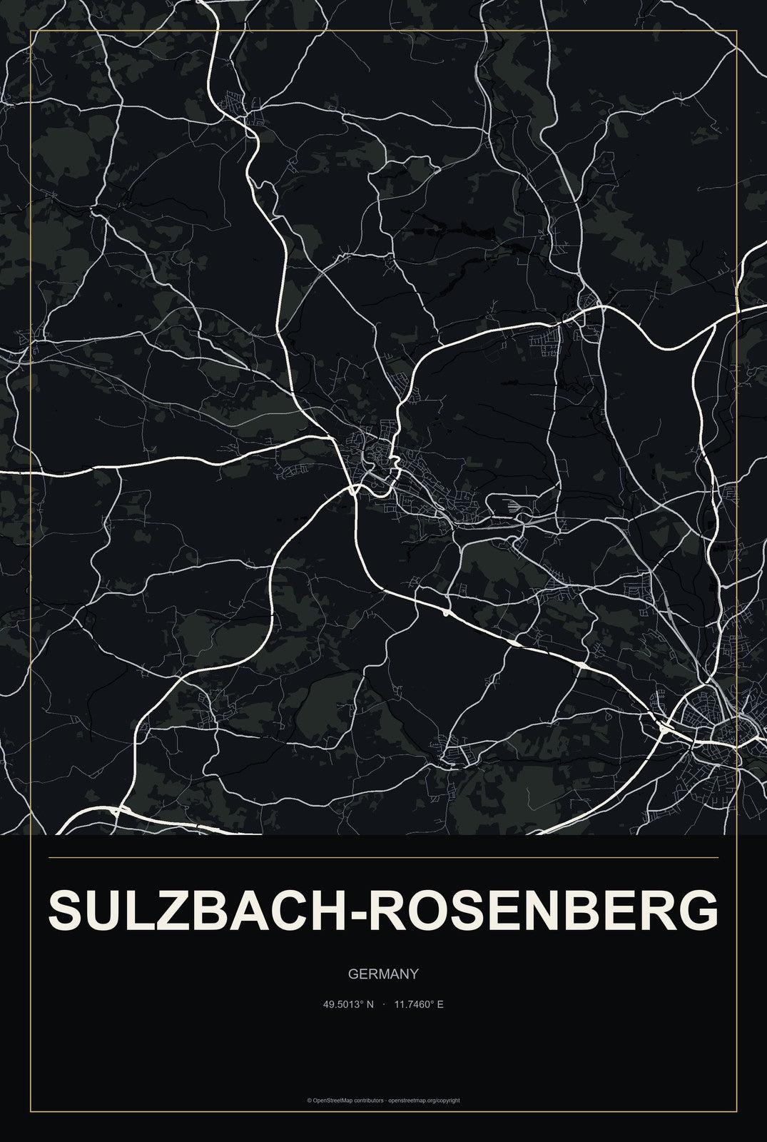 Sulzbach-Rosenberg, Germany City Map Aluminum Sign in Metropolitan Noir style