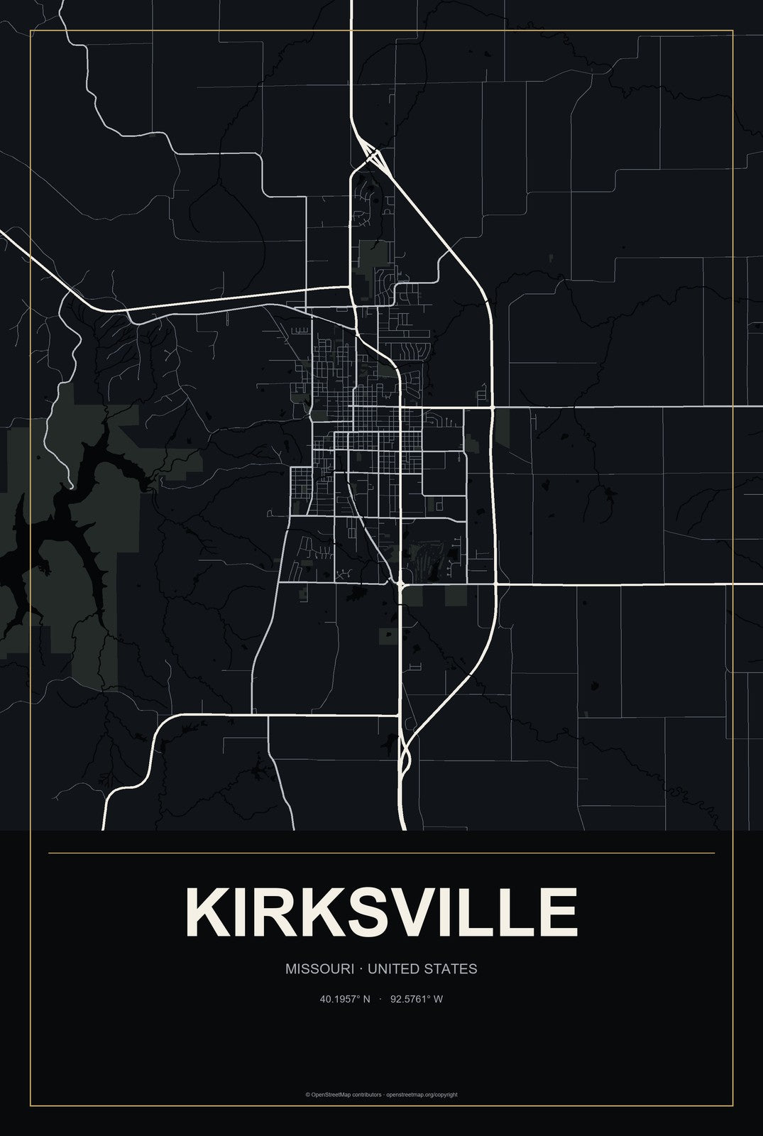 Kirksville, Missouri City Map Aluminum Sign in Metropolitan Noir style