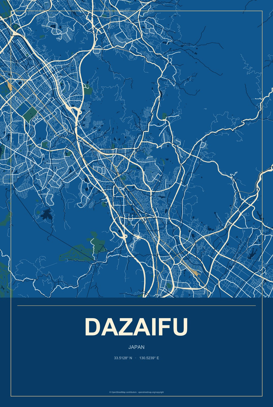 Dazaifu, Japan City Map Aluminum Sign in Harbor Cobalt style