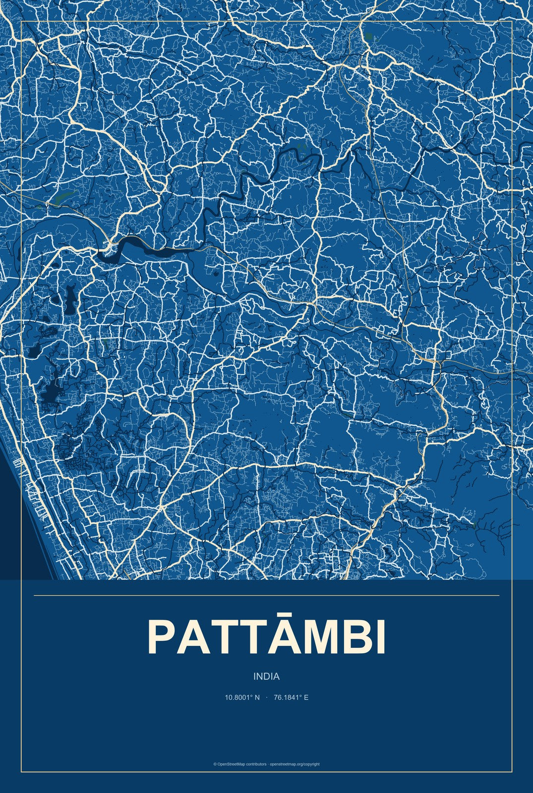 Pattāmbi, India City Map Aluminum Sign in Harbor Cobalt style