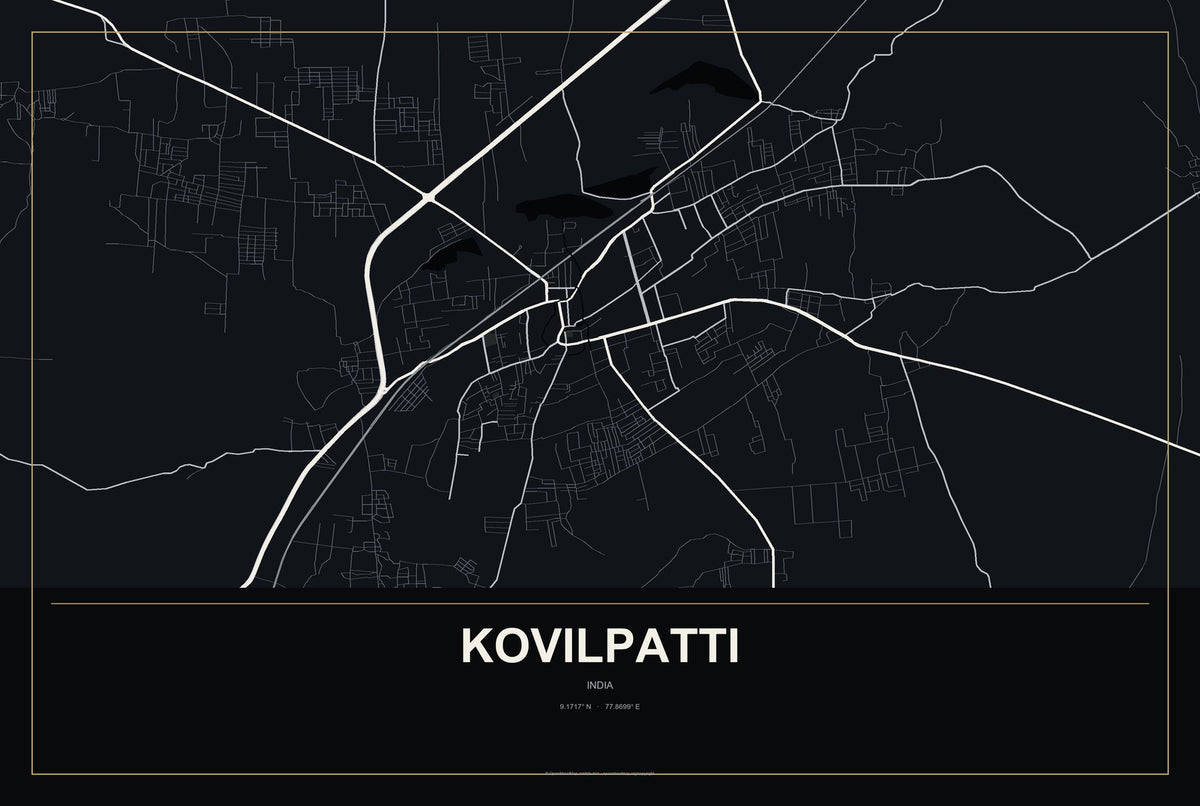 Kovilpatti, India City Map Aluminum Sign in Metropolitan Noir style