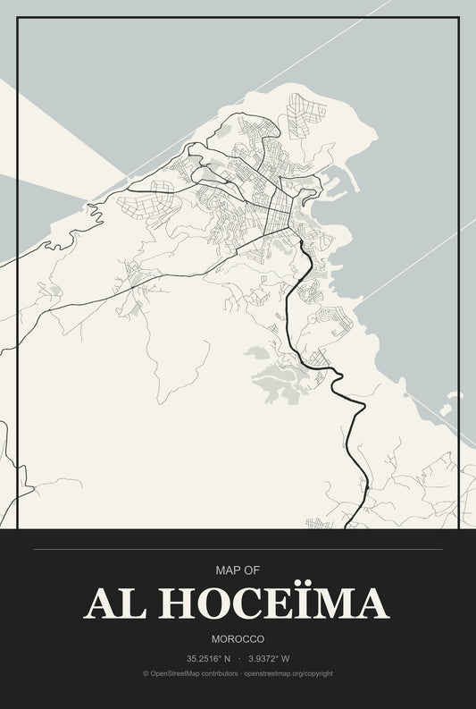 Al Hoceïma, Morocco City Map Aluminum Sign in Museum Plaque style
