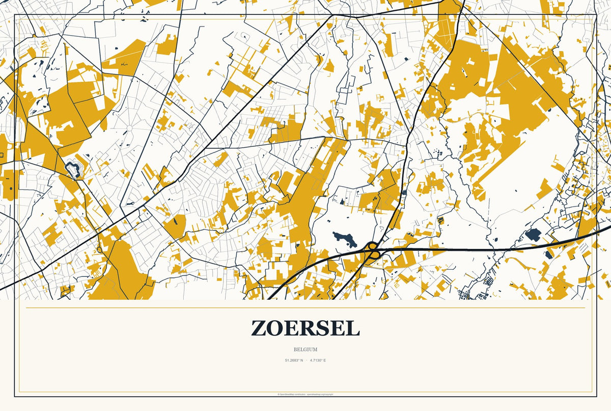 Zoersel, Belgium City Map Aluminum Sign in Citrine Modern style