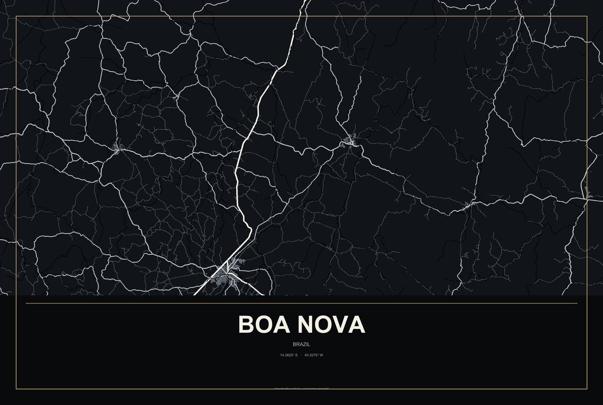 Boa Nova, Brazil City Map Aluminum Sign in Metropolitan Noir style