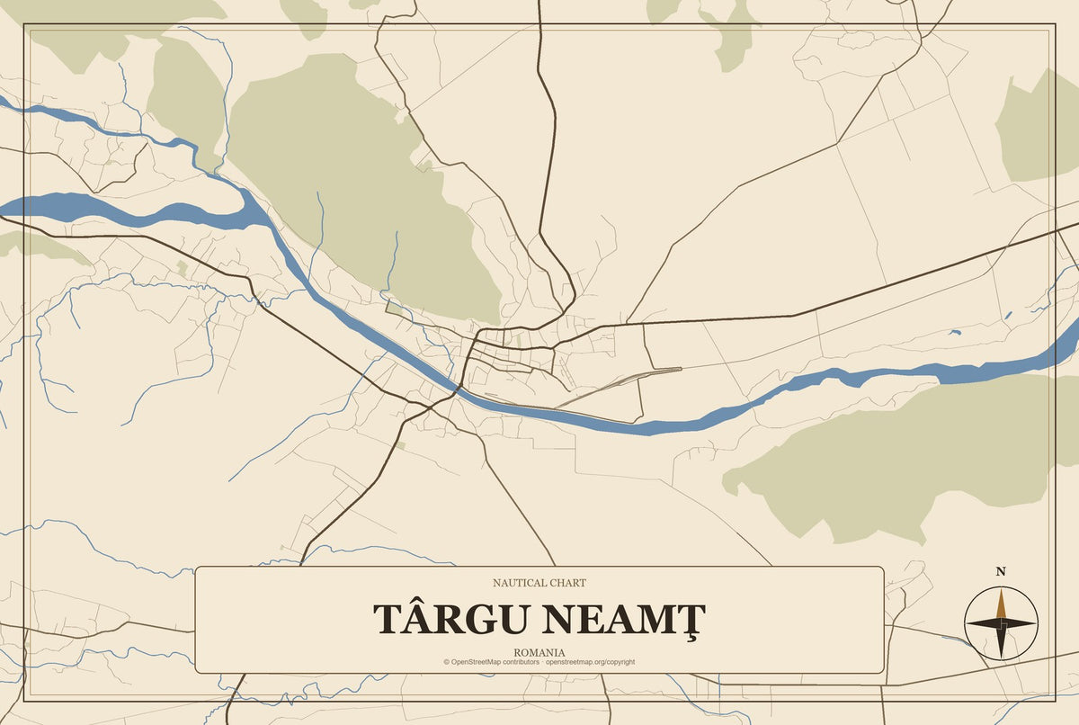 Târgu Neamţ, Romania City Map Aluminum Sign in Heritage Nautical style