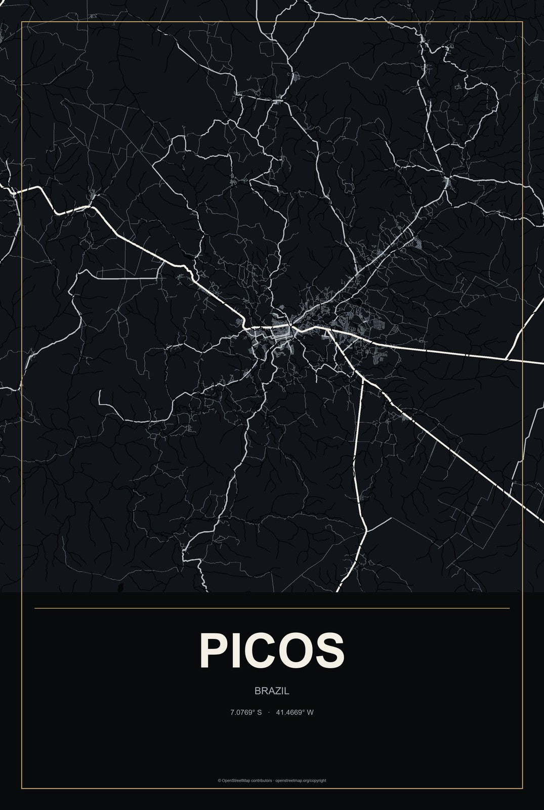 Picos, Brazil City Map Aluminum Sign in Metropolitan Noir style