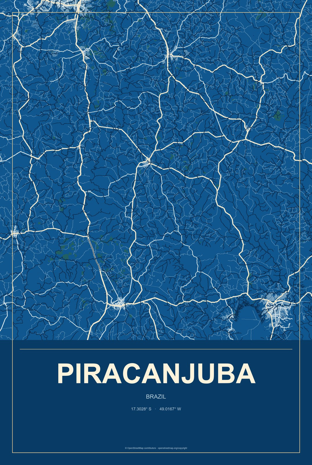 Piracanjuba, Brazil City Map Aluminum Sign in Harbor Cobalt style