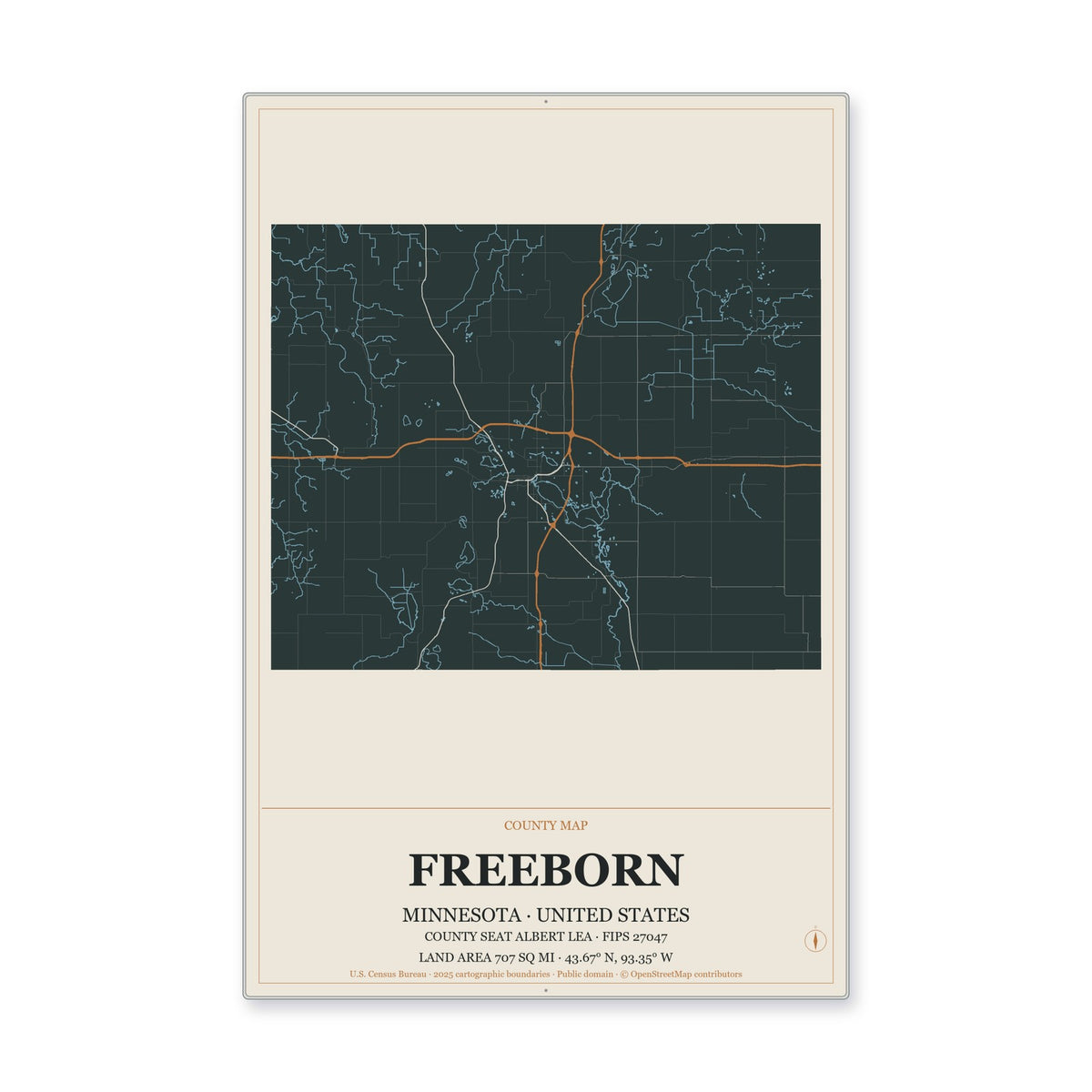 Freeborn County, Minnesota Map Aluminum Sign in Headline Atlas style