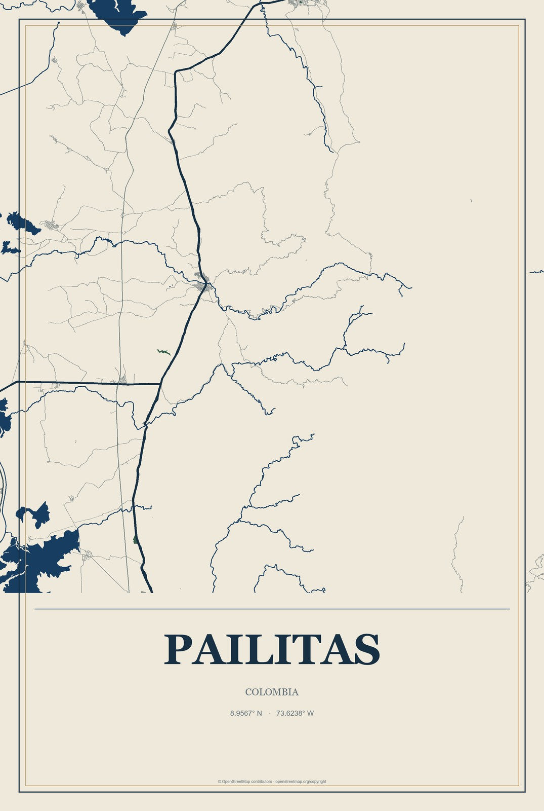 Pailitas, Colombia City Map Aluminum Sign in Coastal Cutout style