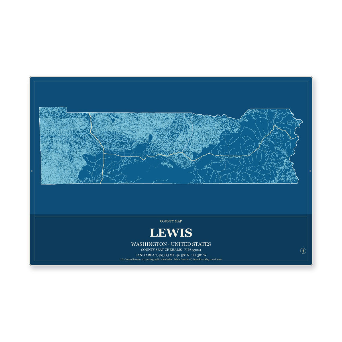 Lewis County, Washington Map Aluminum Sign in Harbor Cobalt style