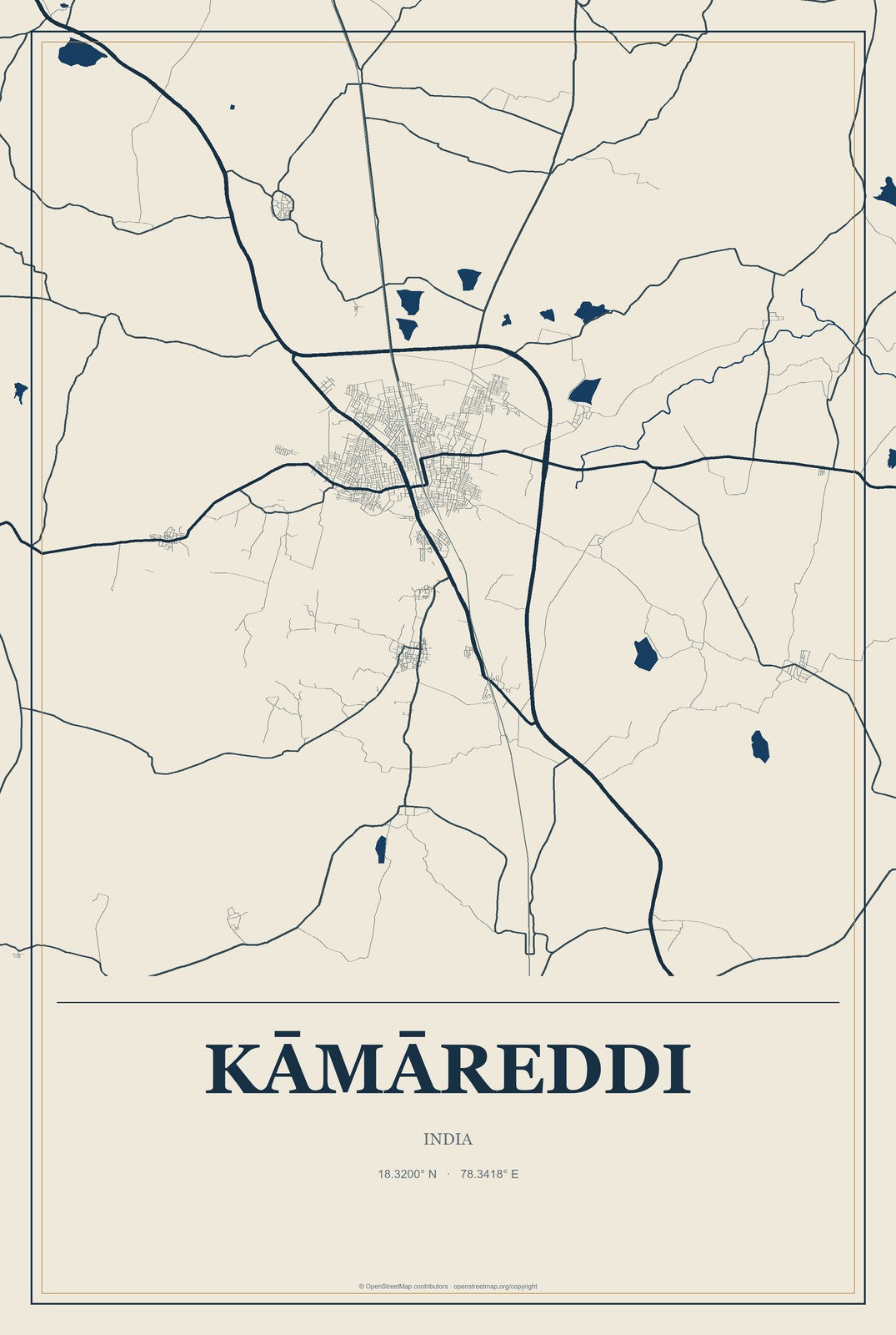 Kāmāreddi, India City Map Aluminum Sign in Coastal Cutout style