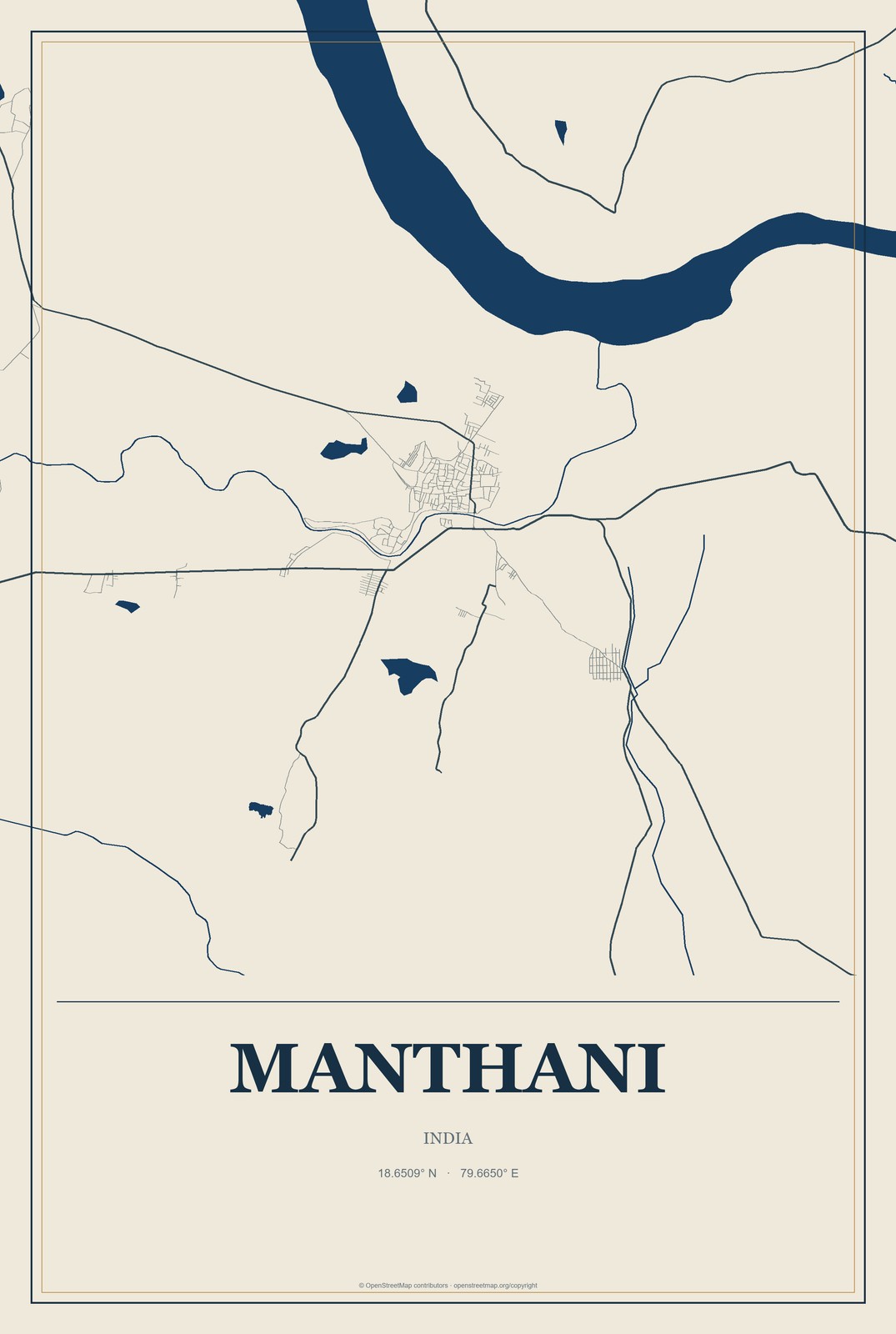 Manthani, India City Map Aluminum Sign in Coastal Cutout style