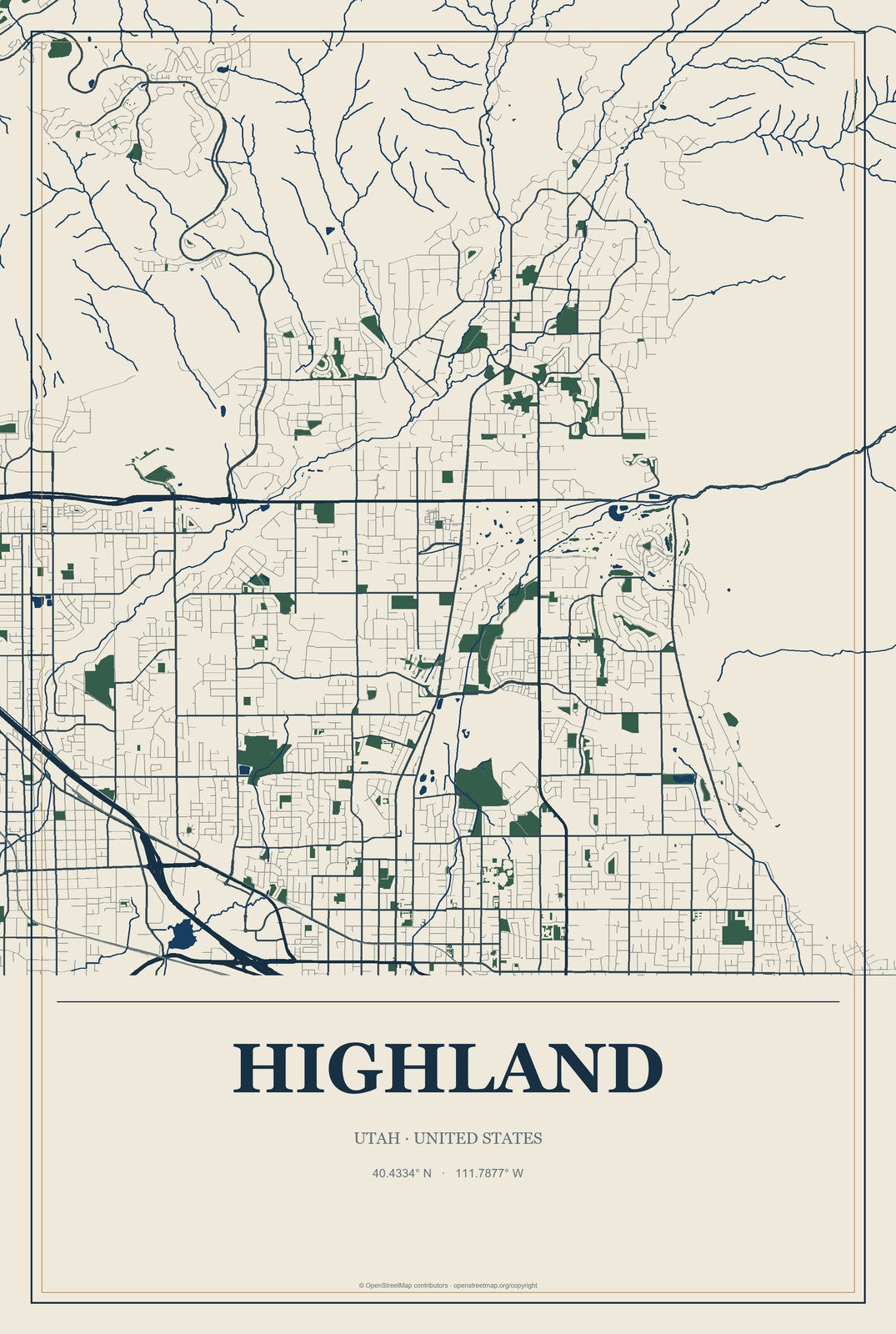 Highland, Utah City Map Aluminum Sign in Coastal Cutout style