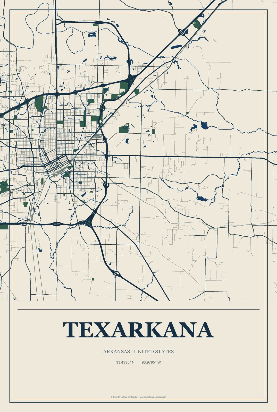 Texarkana, Arkansas City Map Aluminum Sign in Coastal Cutout style