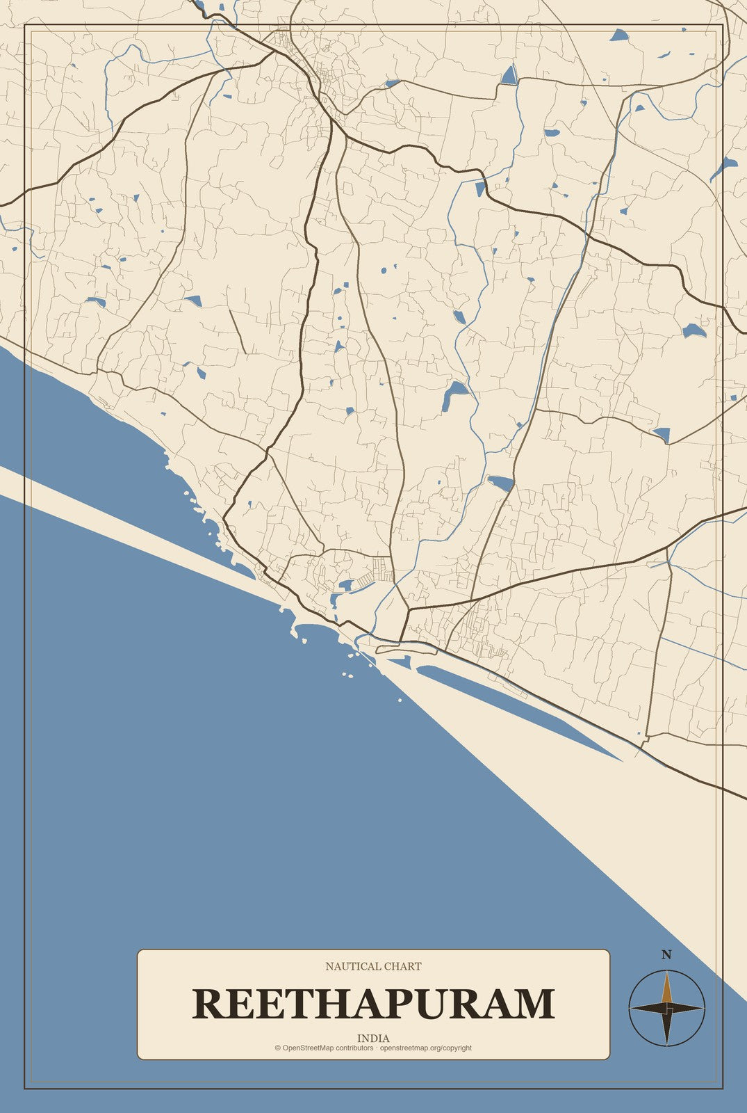 Reethapuram, India City Map Aluminum Sign in Heritage Nautical style