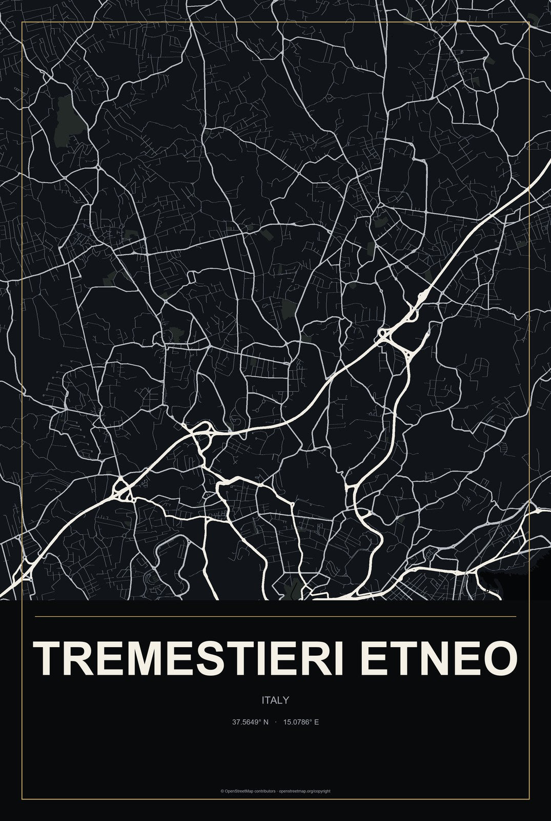 Tremestieri Etneo, Italy City Map Aluminum Sign in Metropolitan Noir style