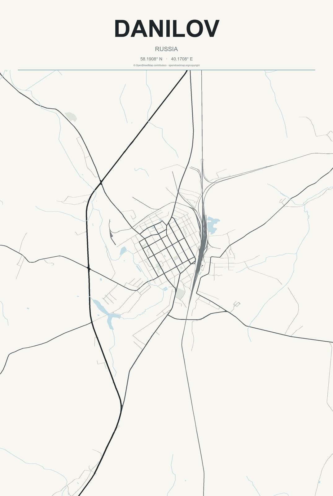 Danilov, Russia City Map Aluminum Sign in Headline Atlas style