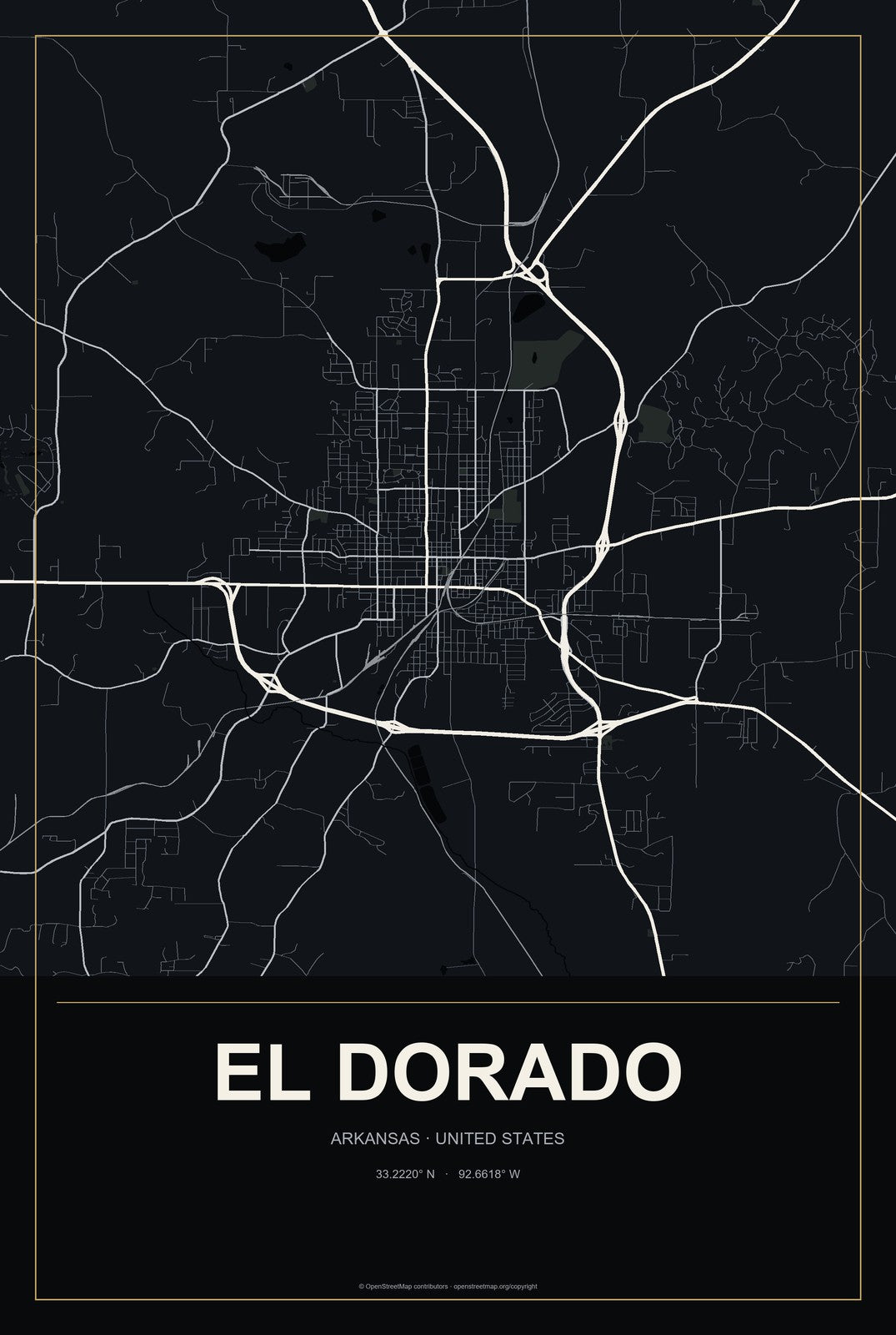 El Dorado, Arkansas City Map Aluminum Sign in Metropolitan Noir style
