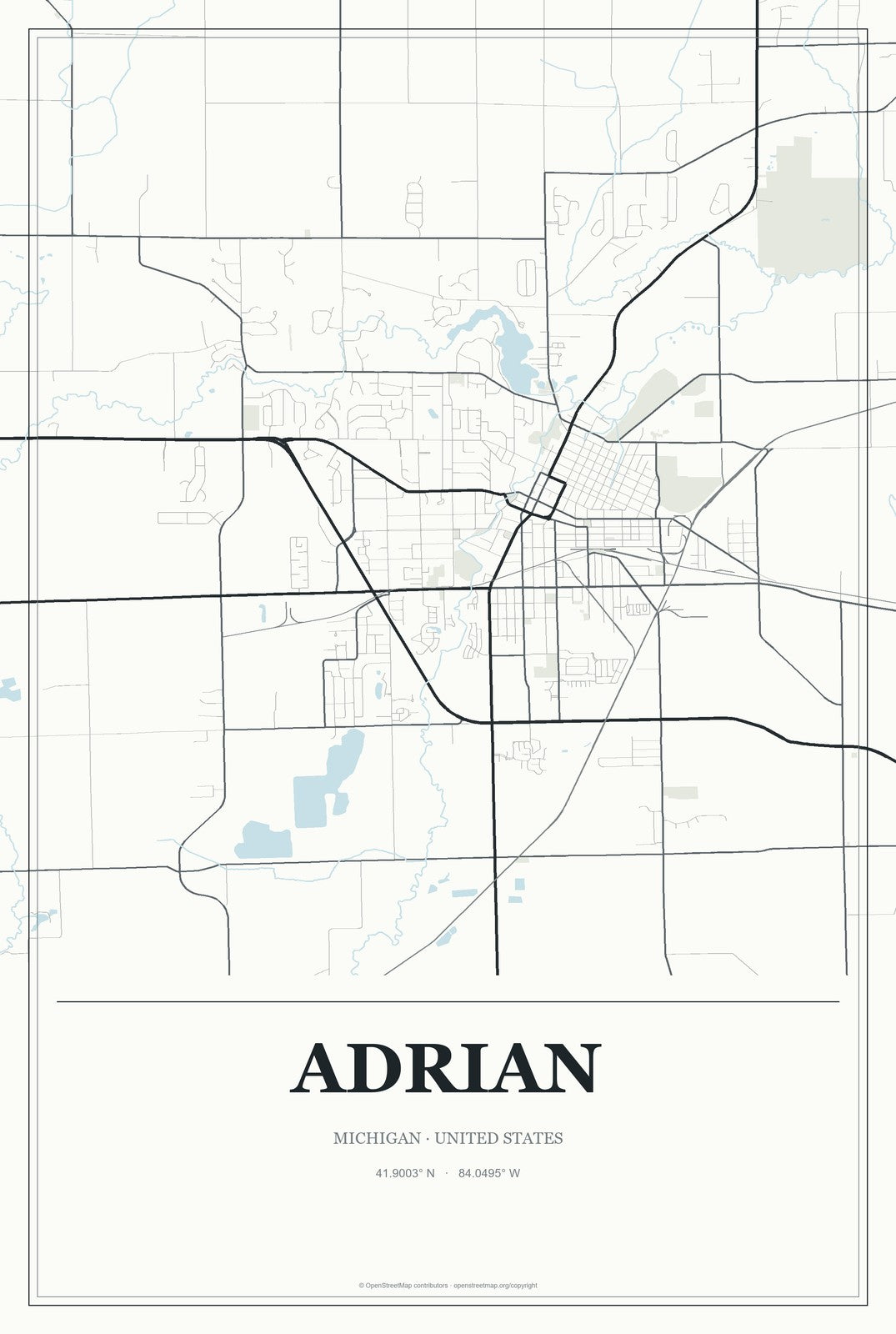 Adrian, Michigan City Map Aluminum Sign in Gallery Air style