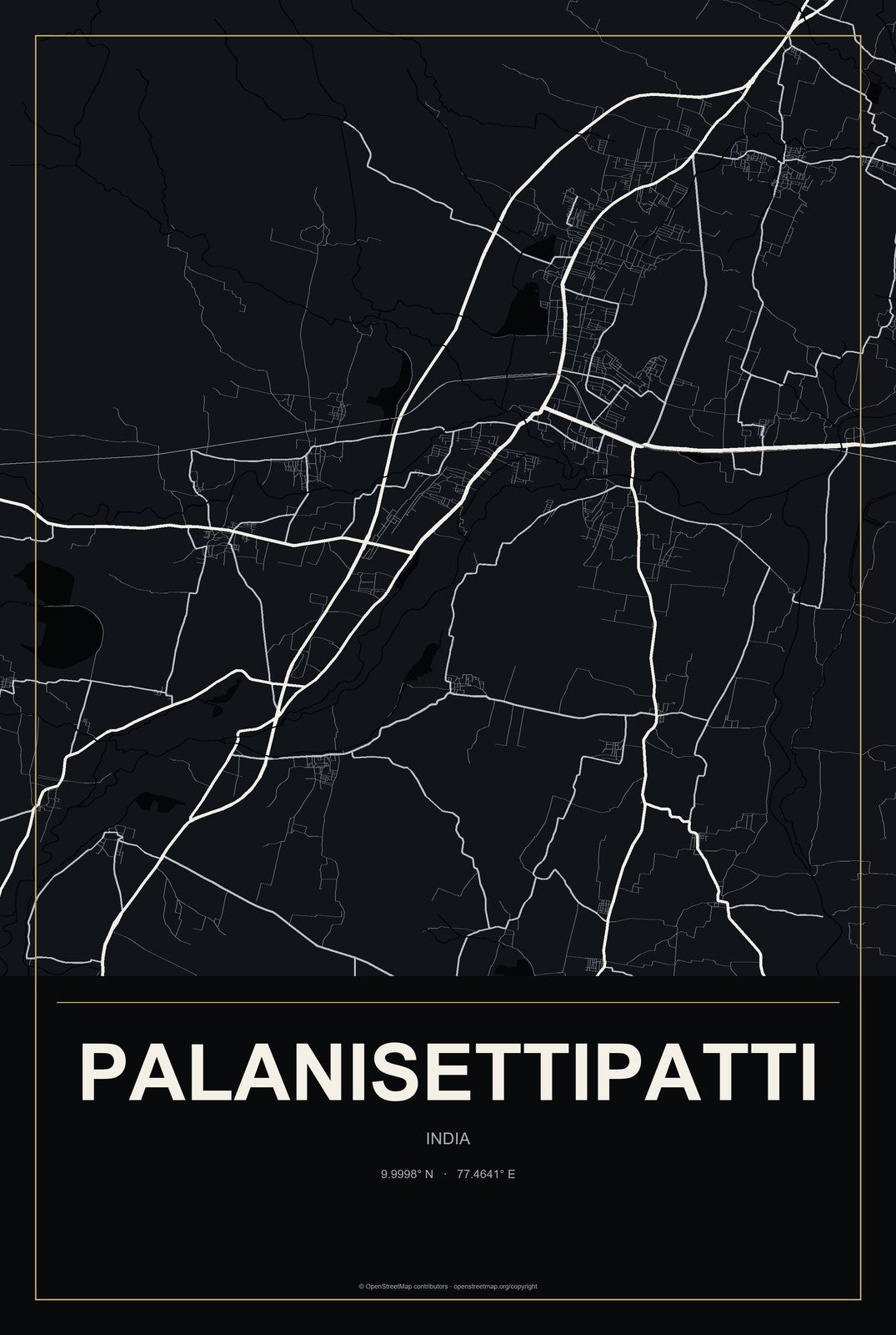 Palanisettipatti, India City Map Aluminum Sign in Metropolitan Noir style