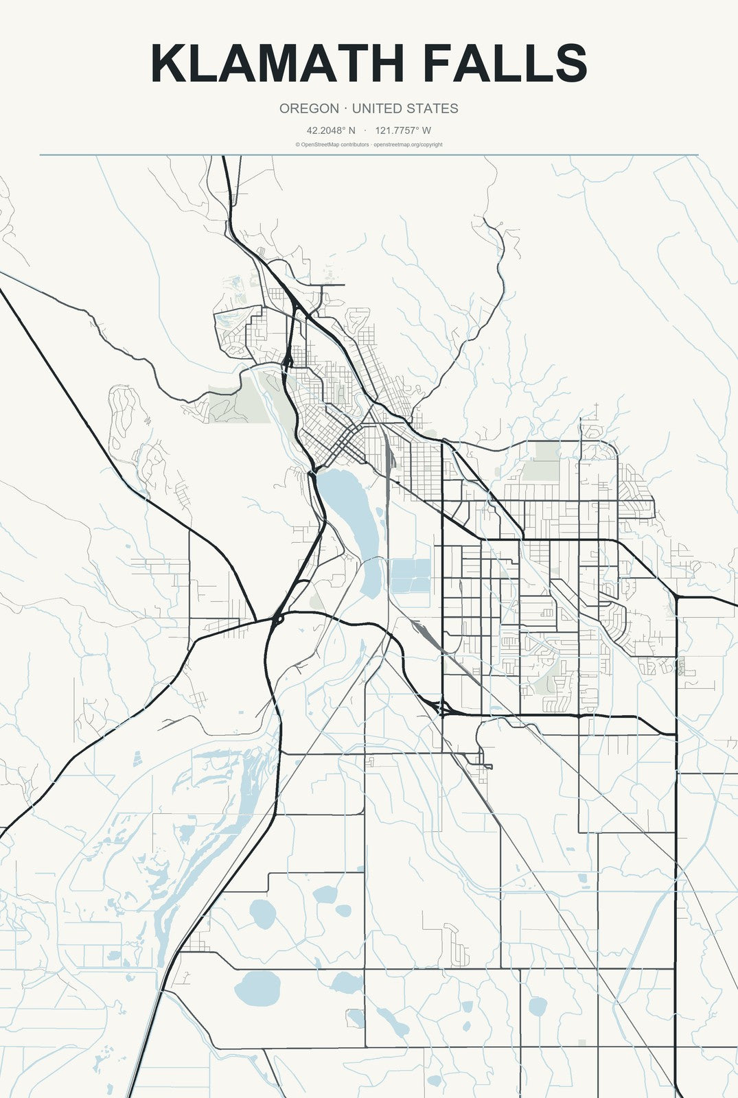 Klamath Falls, Oregon City Map Aluminum Sign in Headline Atlas style