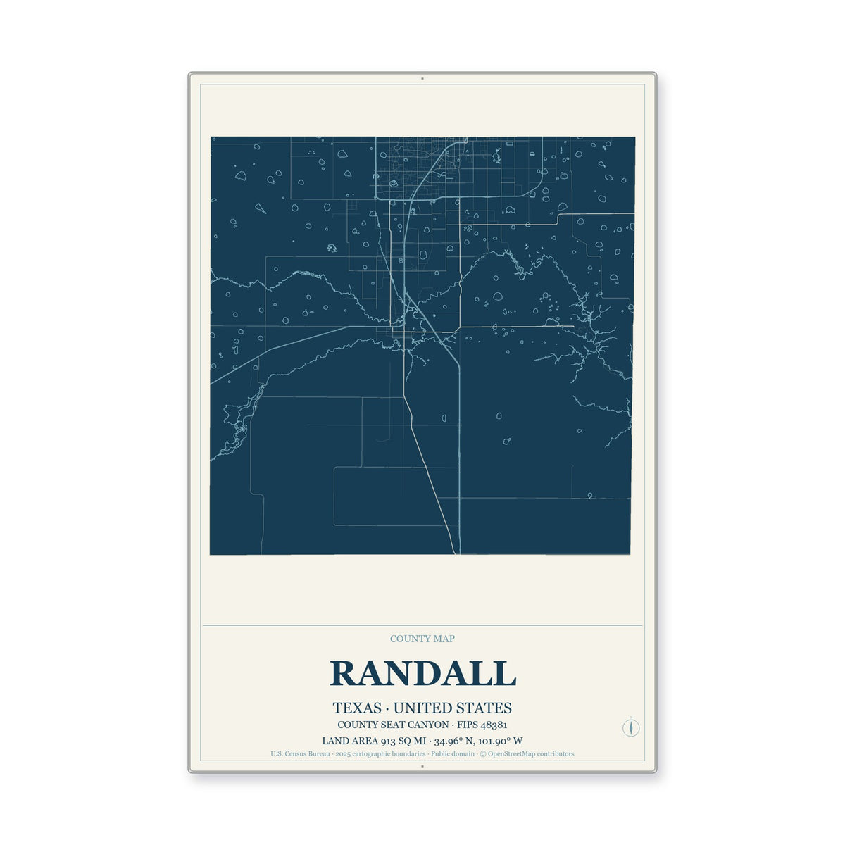 Randall County, Texas Map Aluminum Sign in Coastal Cutout style