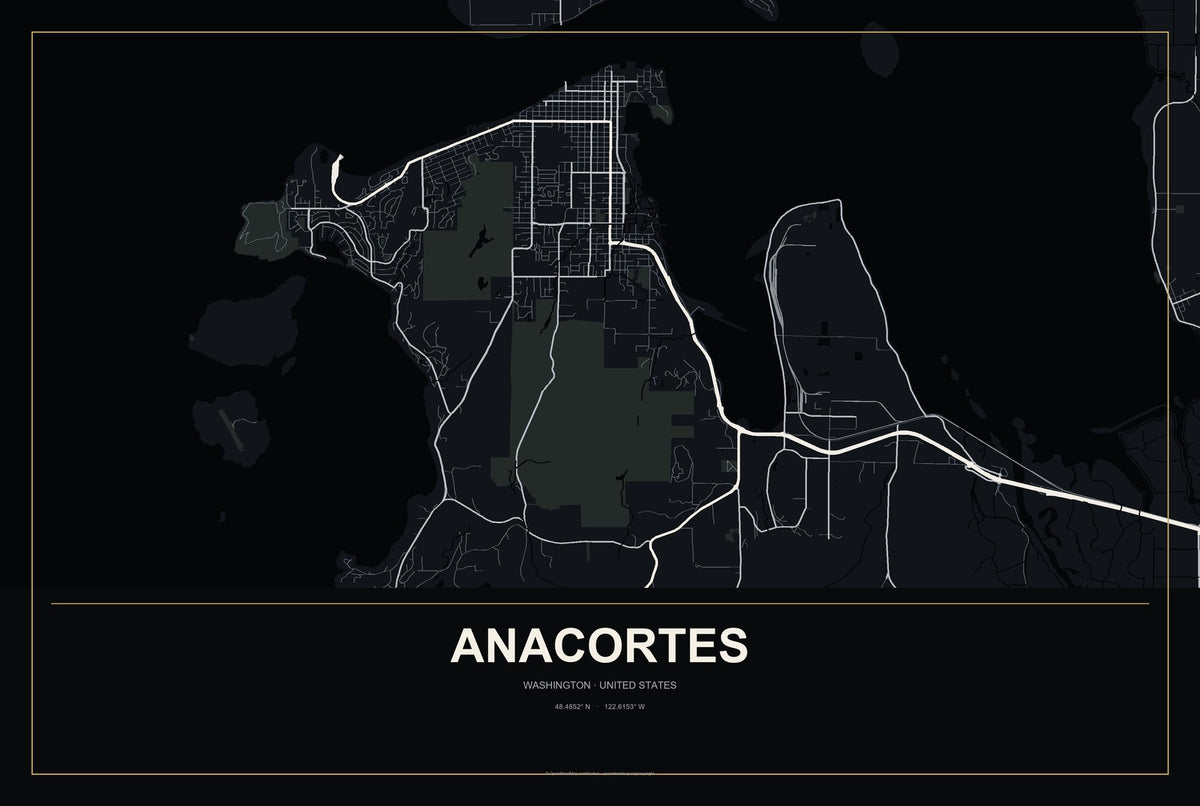 Anacortes, Washington City Map Aluminum Sign in Metropolitan Noir style