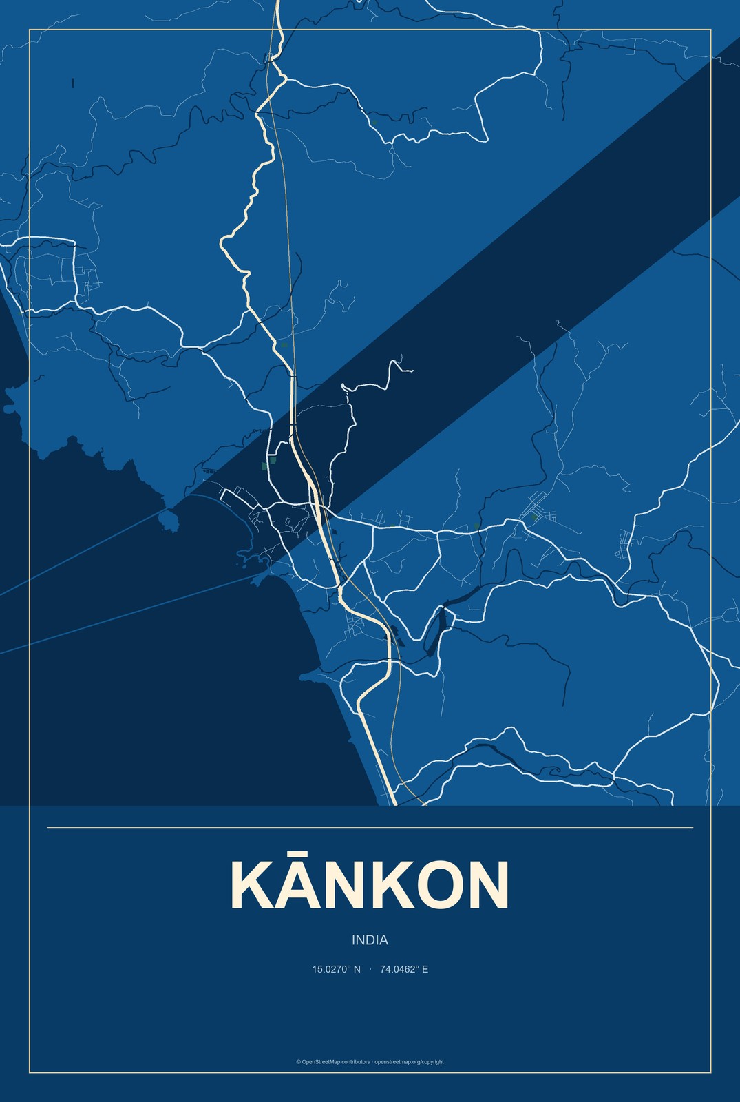 Kānkon, India City Map Aluminum Sign in Harbor Cobalt style