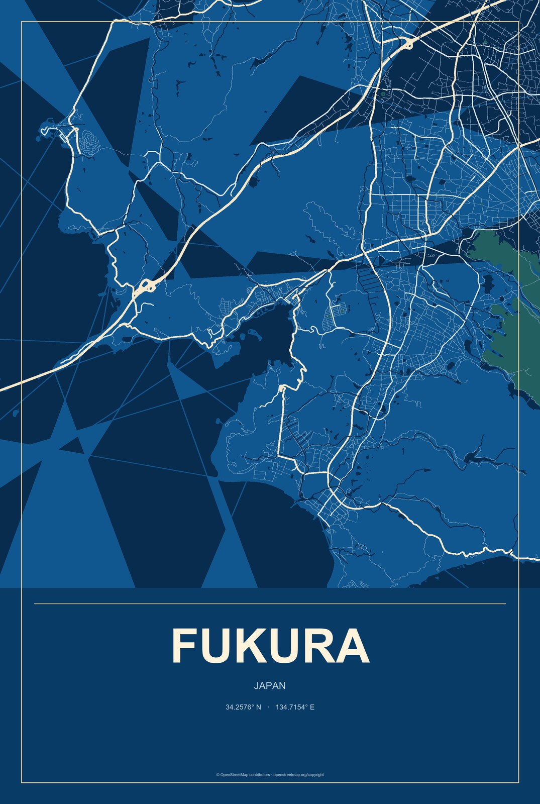 Fukura, Japan City Map Aluminum Sign in Harbor Cobalt style