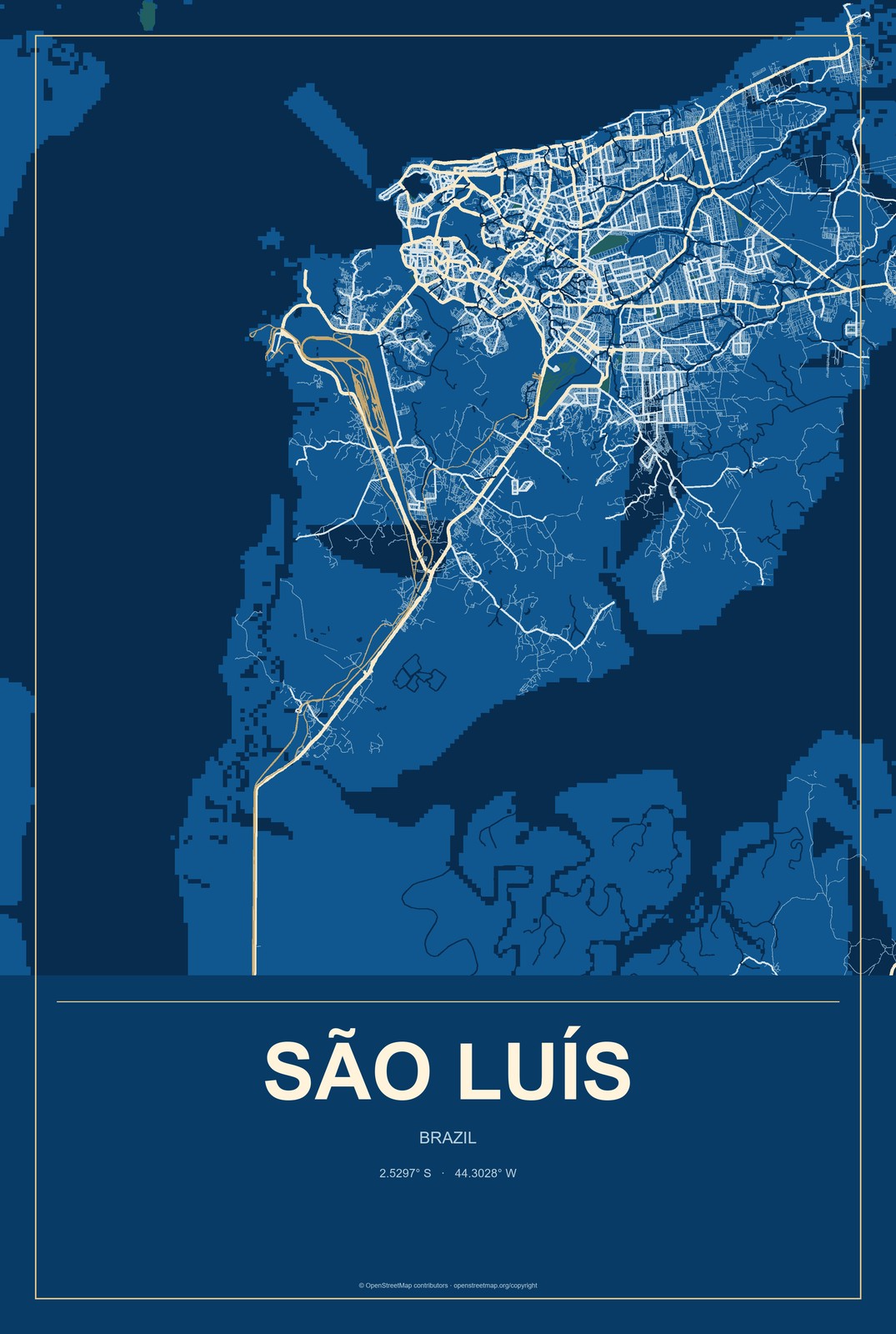 São Luís, Brazil City Map Aluminum Sign in Harbor Cobalt style