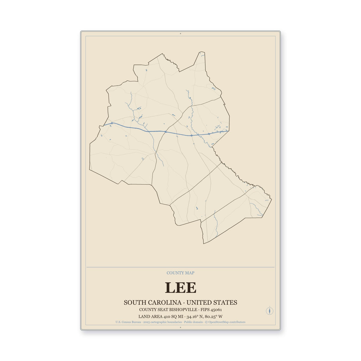 Lee County, South Carolina Map Aluminum Sign in Heritage Nautical style