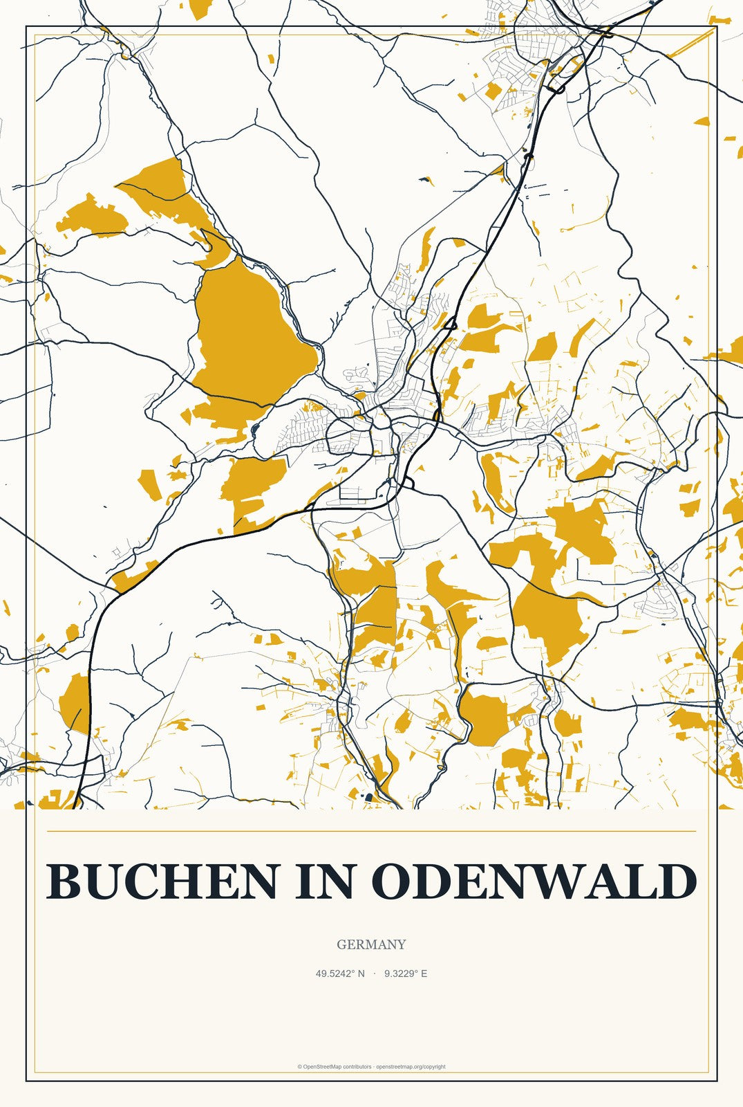 Buchen in Odenwald, Germany City Map Aluminum Sign in Citrine Modern style