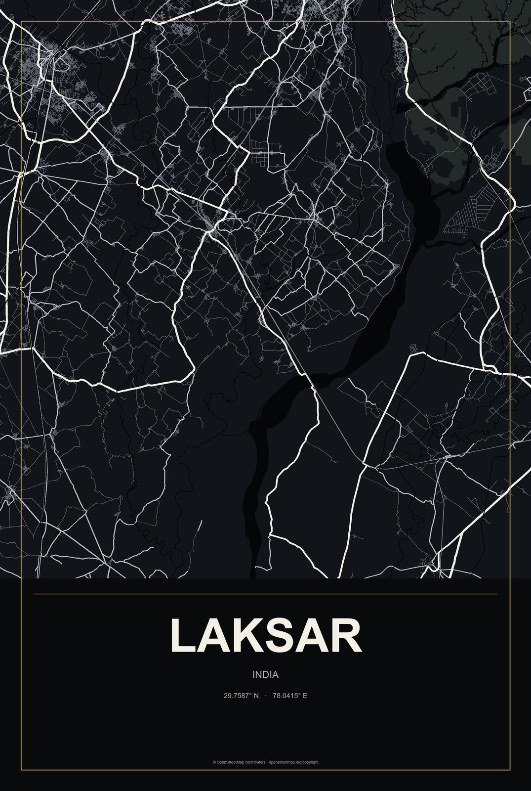 Laksar, India City Map Aluminum Sign in Metropolitan Noir style