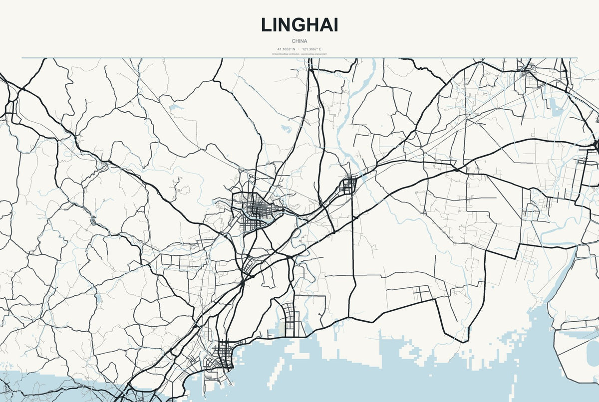 Linghai, China City Map Aluminum Sign in Headline Atlas style