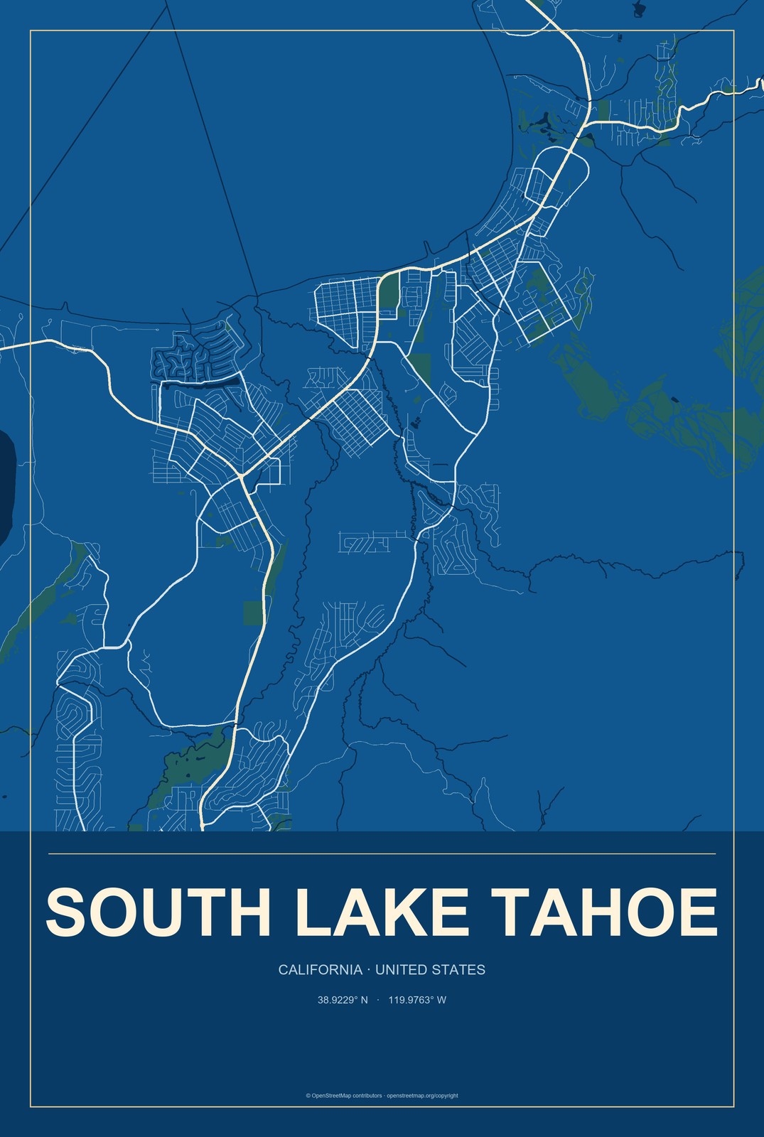 South Lake Tahoe, California City Map Aluminum Sign in Harbor Cobalt style