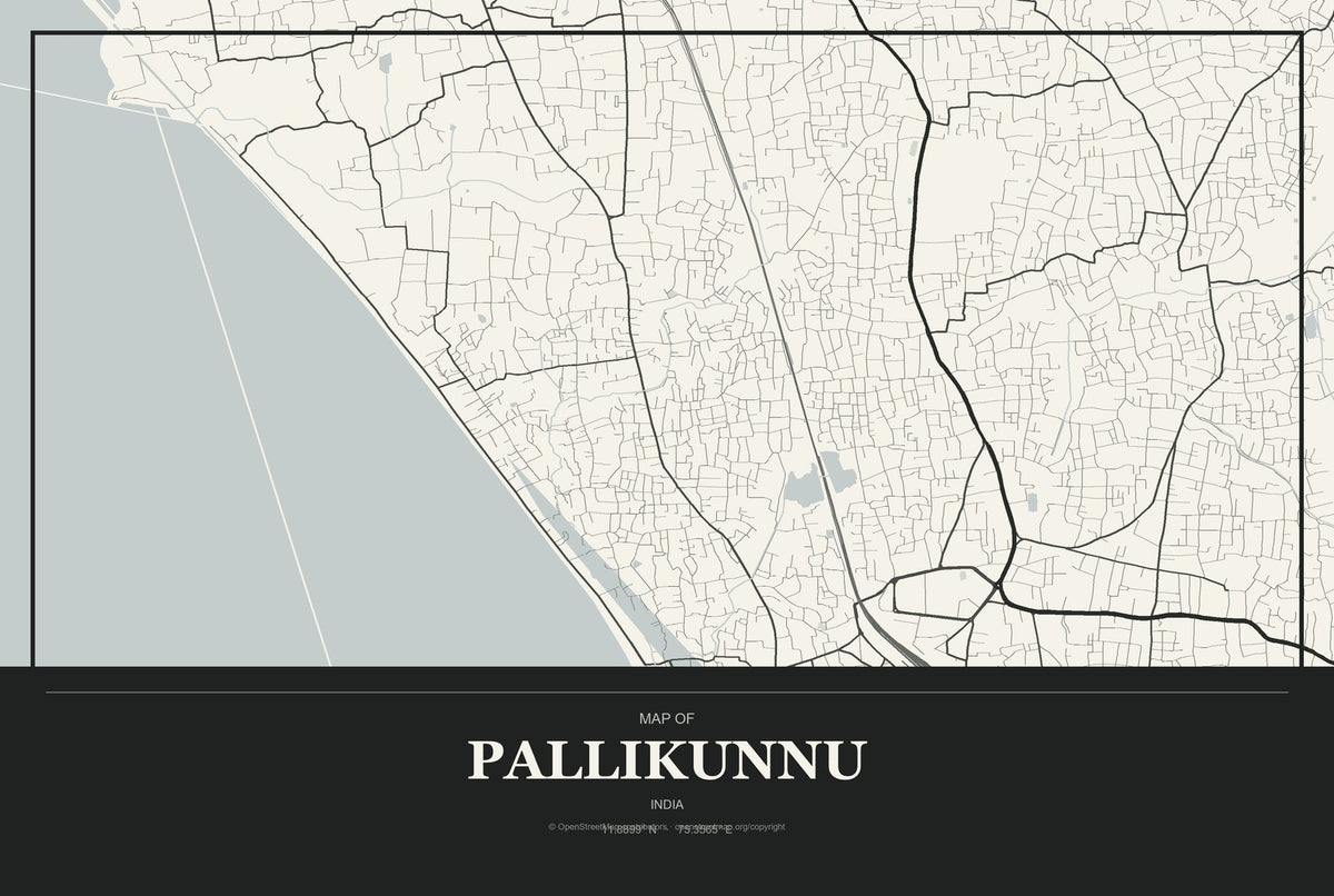 Pallikunnu, India City Map Aluminum Sign in Museum Plaque style