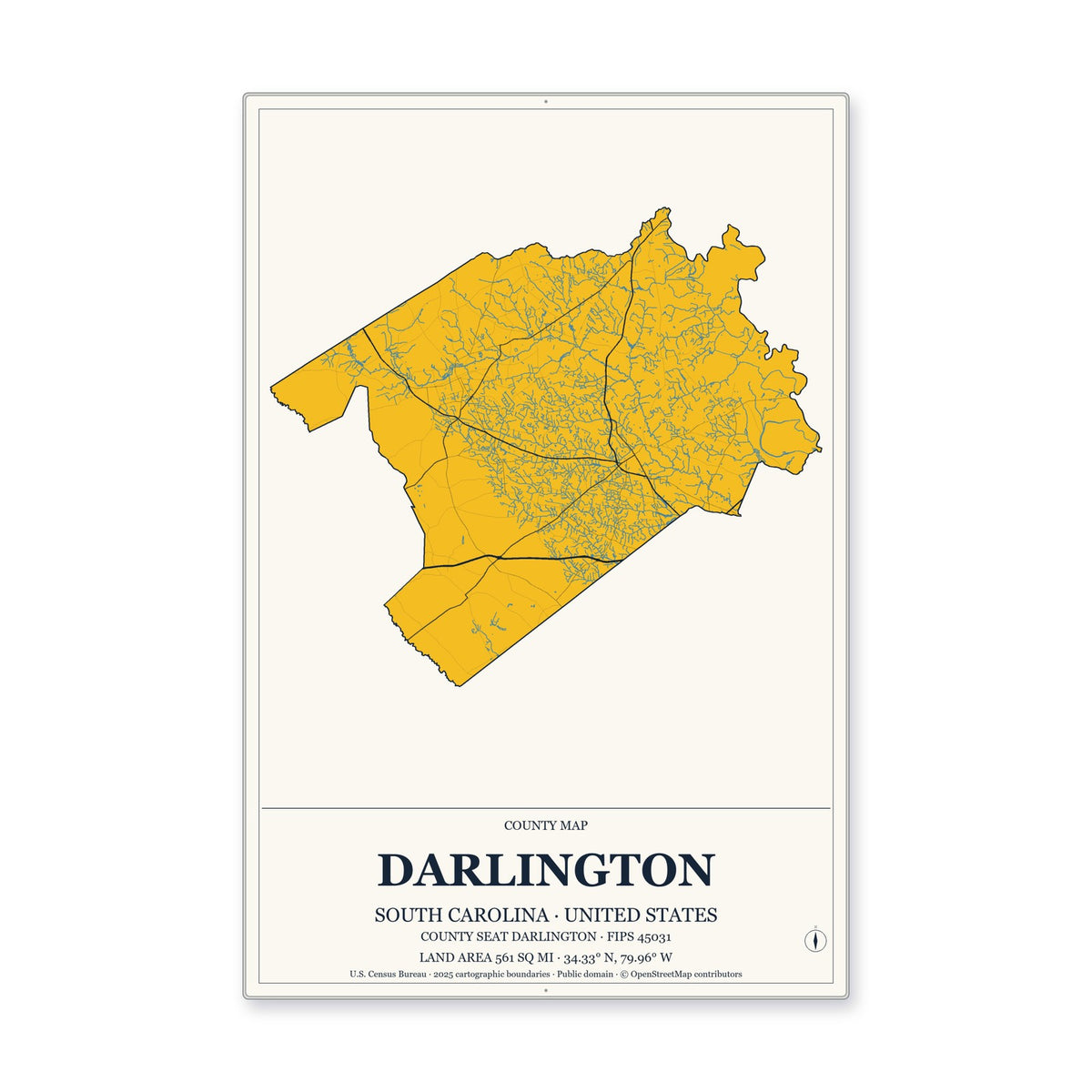 Darlington County, South Carolina Map Aluminum Sign in Citrine Modern style