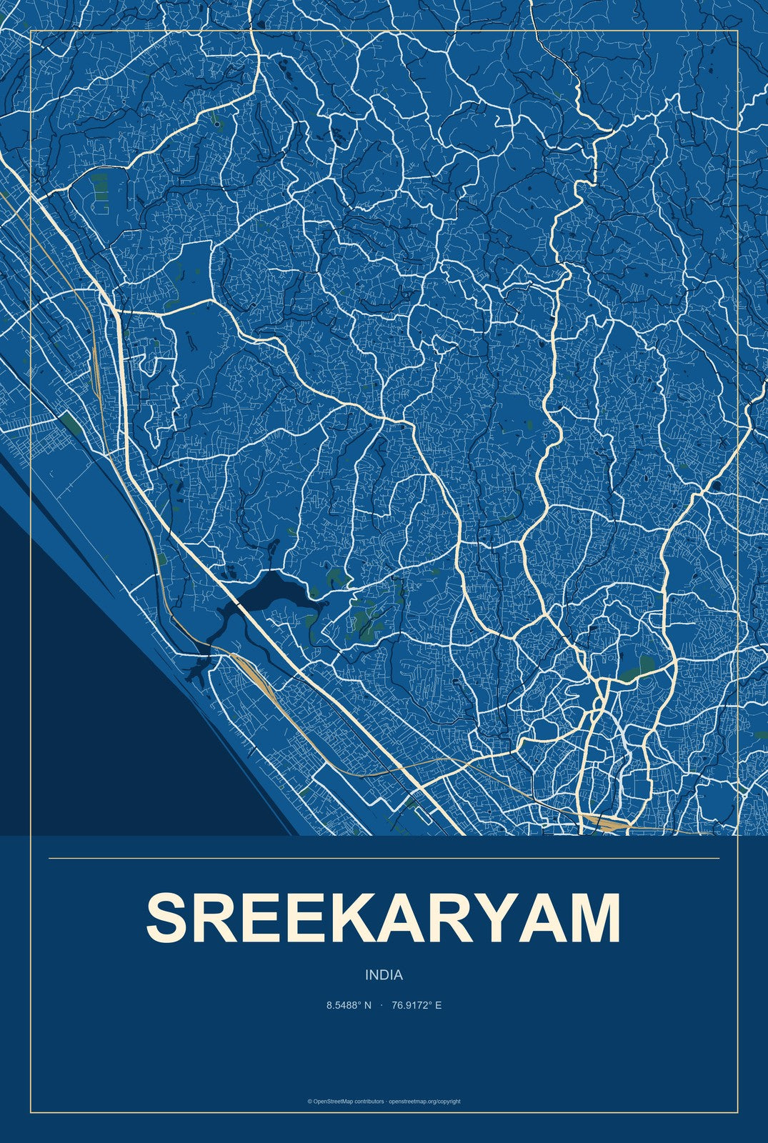 Sreekaryam, India City Map Aluminum Sign in Harbor Cobalt style