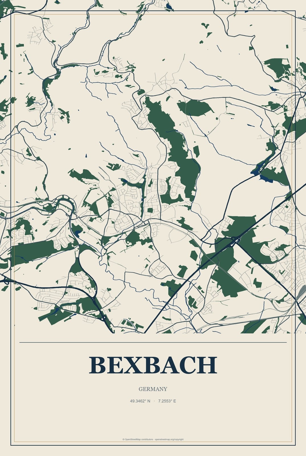 Bexbach, Germany City Map Aluminum Sign in Coastal Cutout style