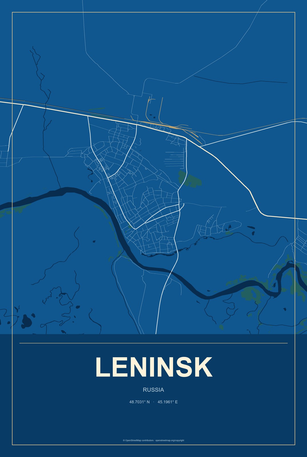 Leninsk, Russia City Map Aluminum Sign in Harbor Cobalt style
