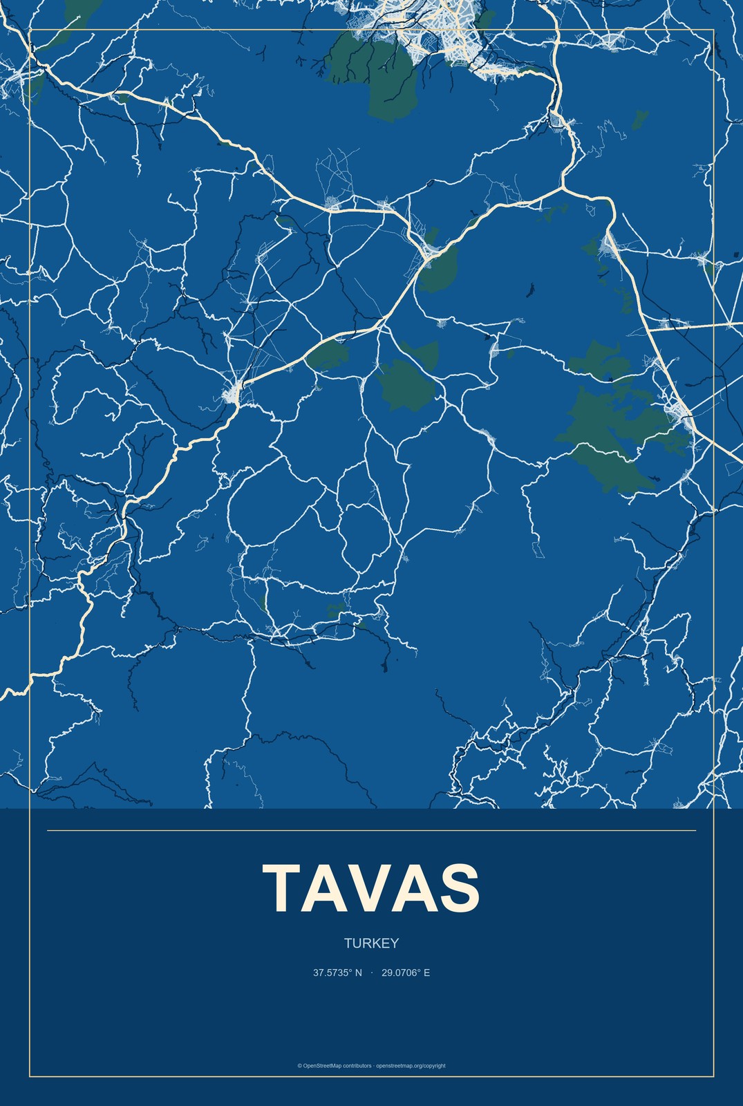 Tavas, Turkey City Map Aluminum Sign in Harbor Cobalt style