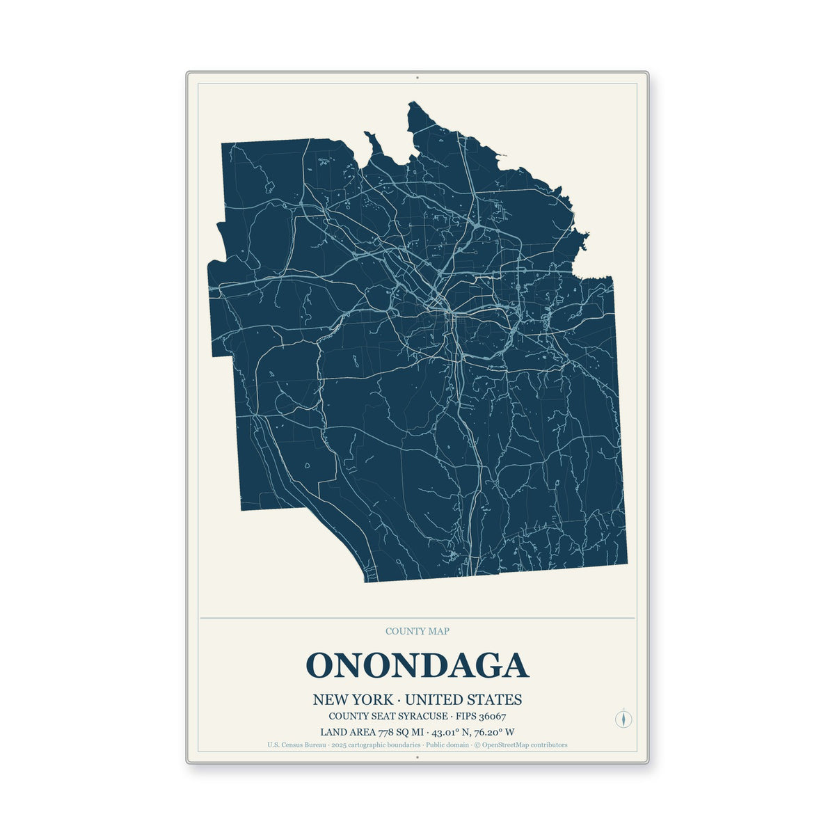 Onondaga County, New York Map Aluminum Sign in Coastal Cutout style