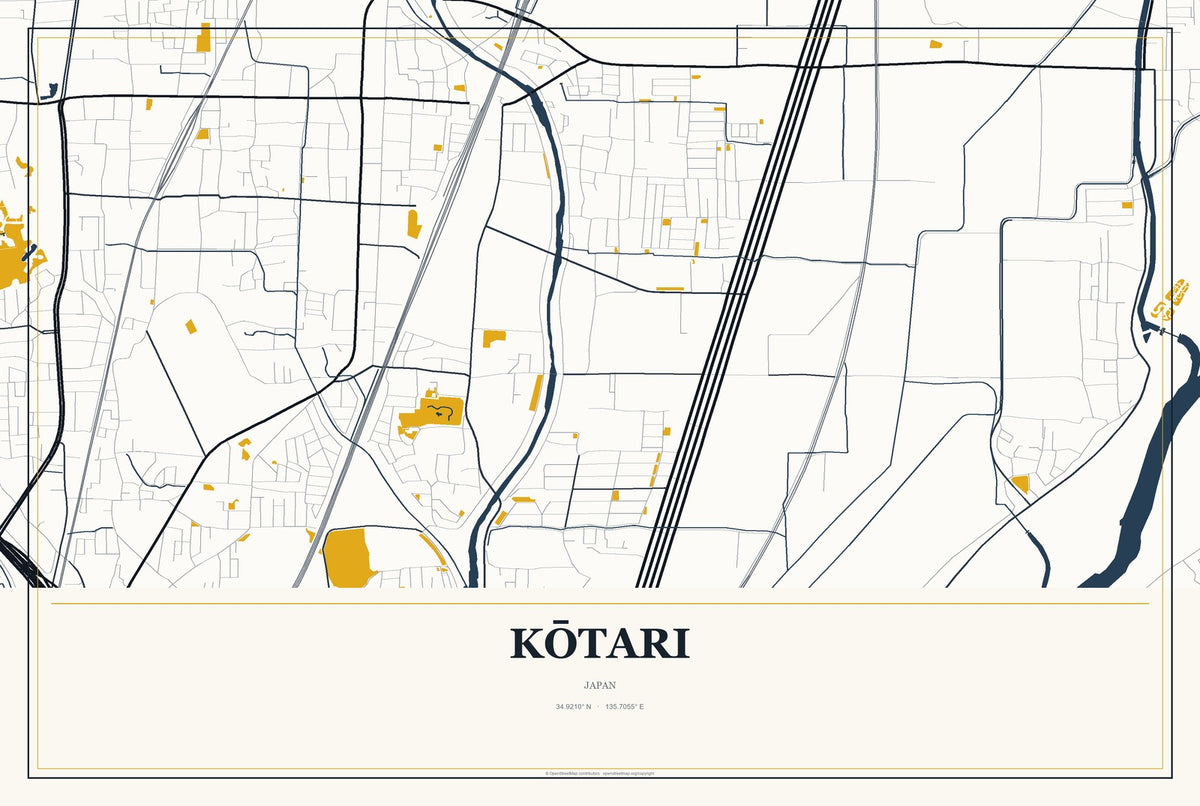 Kōtari, Japan City Map Aluminum Sign in Citrine Modern style