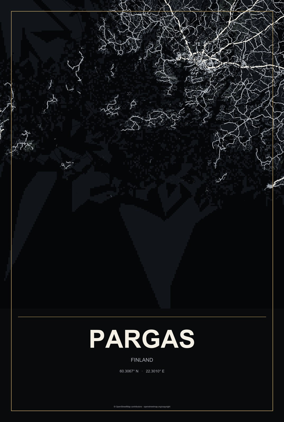 Pargas, Finland City Map Aluminum Sign in Metropolitan Noir style