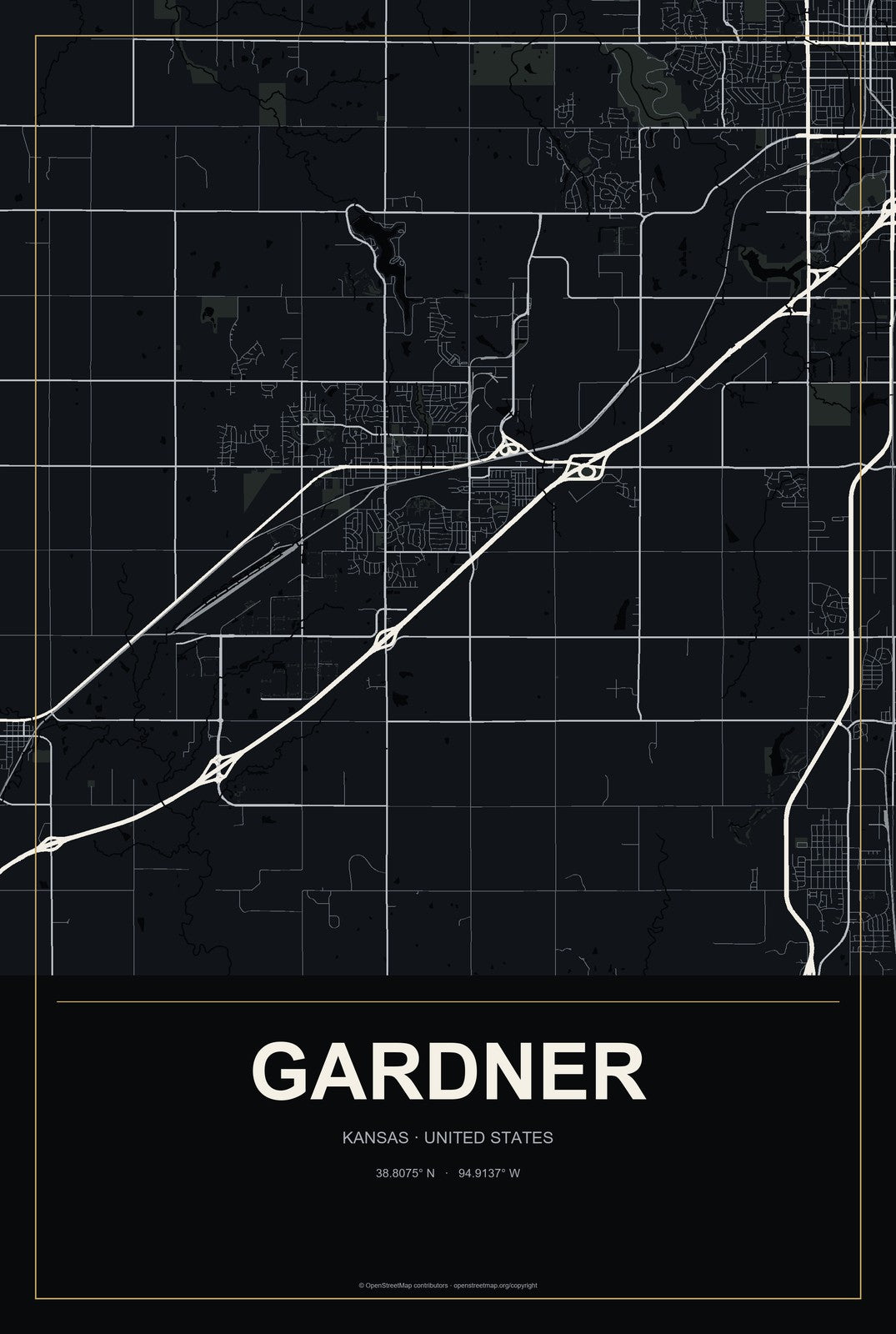 Gardner, Kansas City Map Aluminum Sign in Metropolitan Noir style