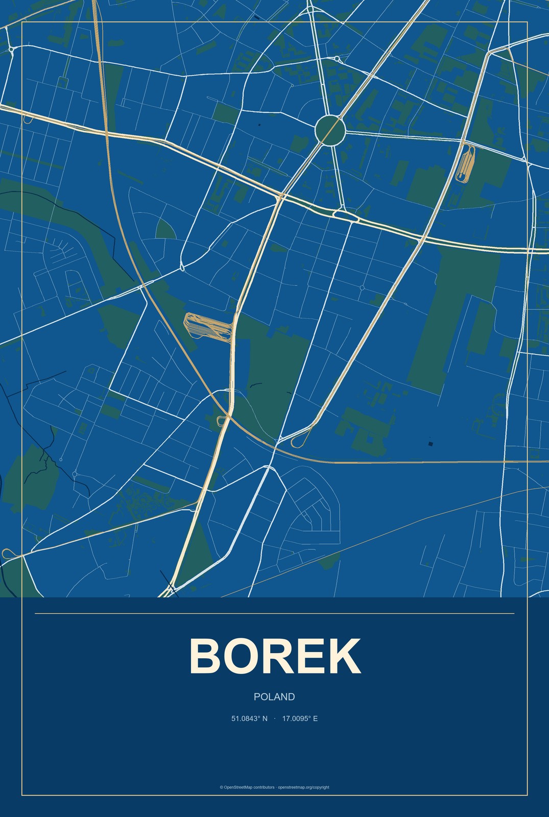Borek, Poland City Map Aluminum Sign in Harbor Cobalt style