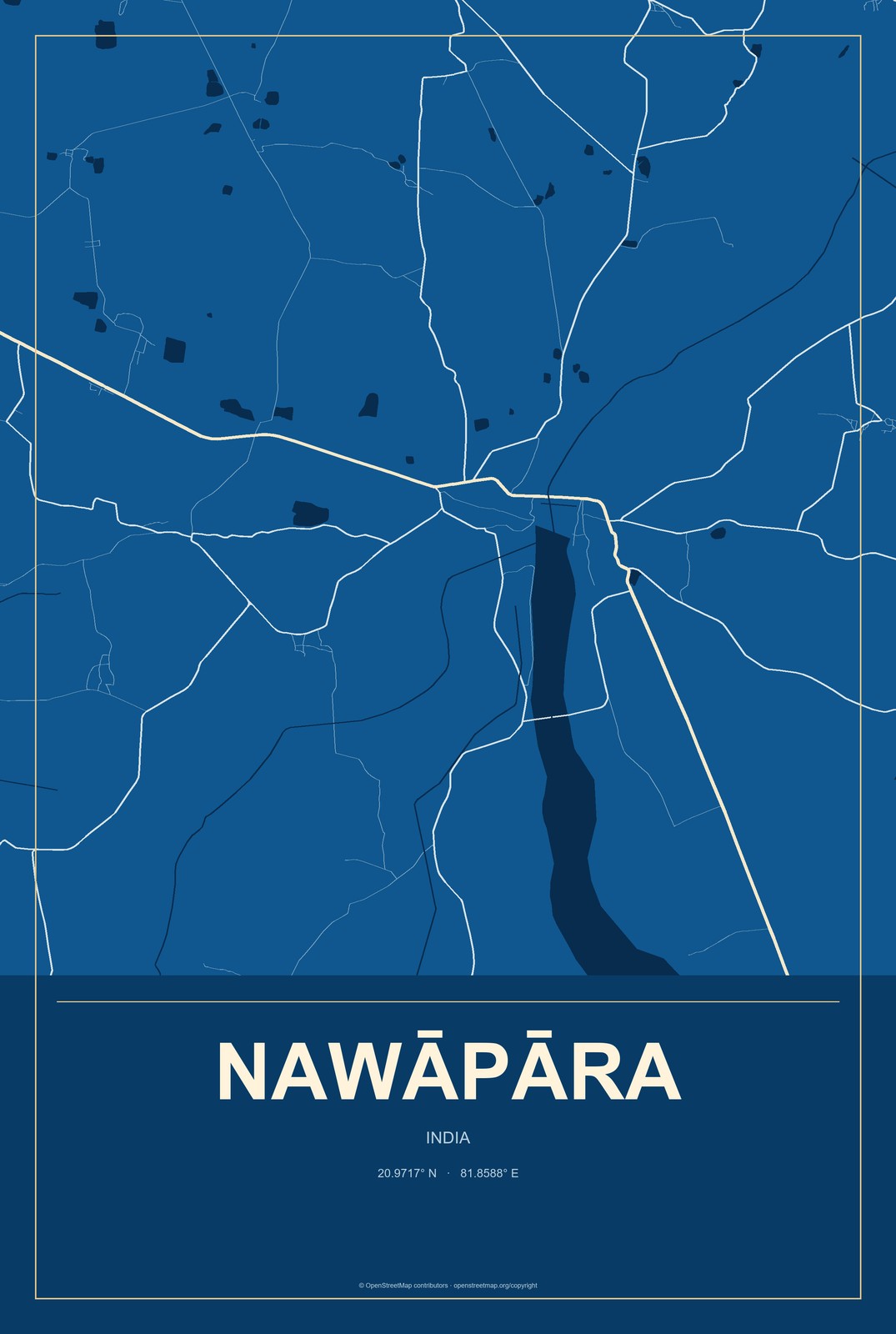 Nawāpāra, India City Map Aluminum Sign in Harbor Cobalt style