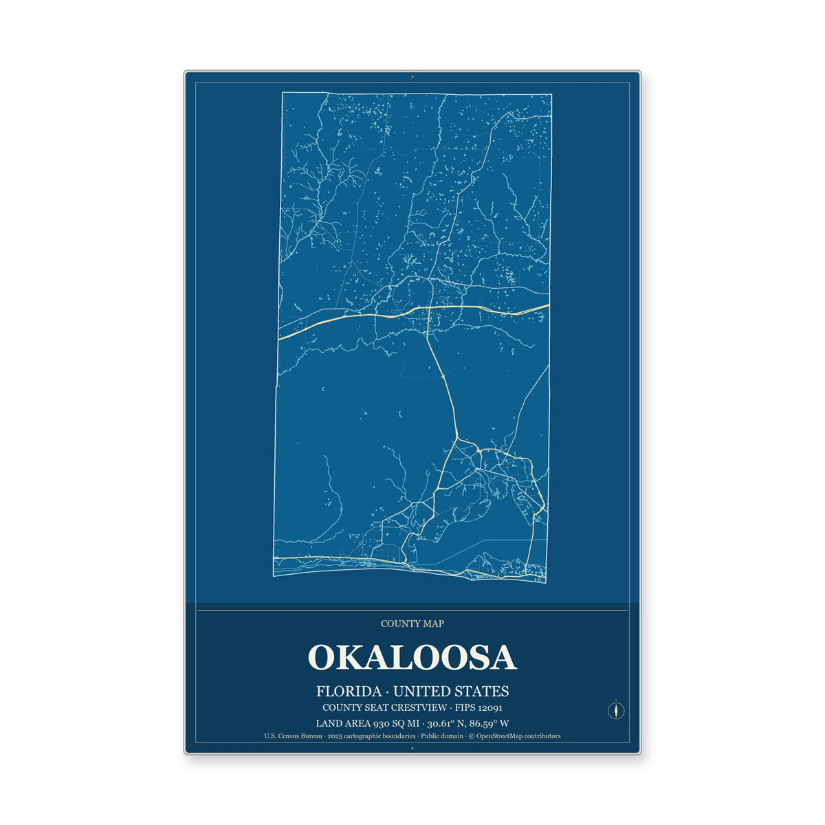 Okaloosa County, Florida Map Aluminum Sign in Harbor Cobalt style