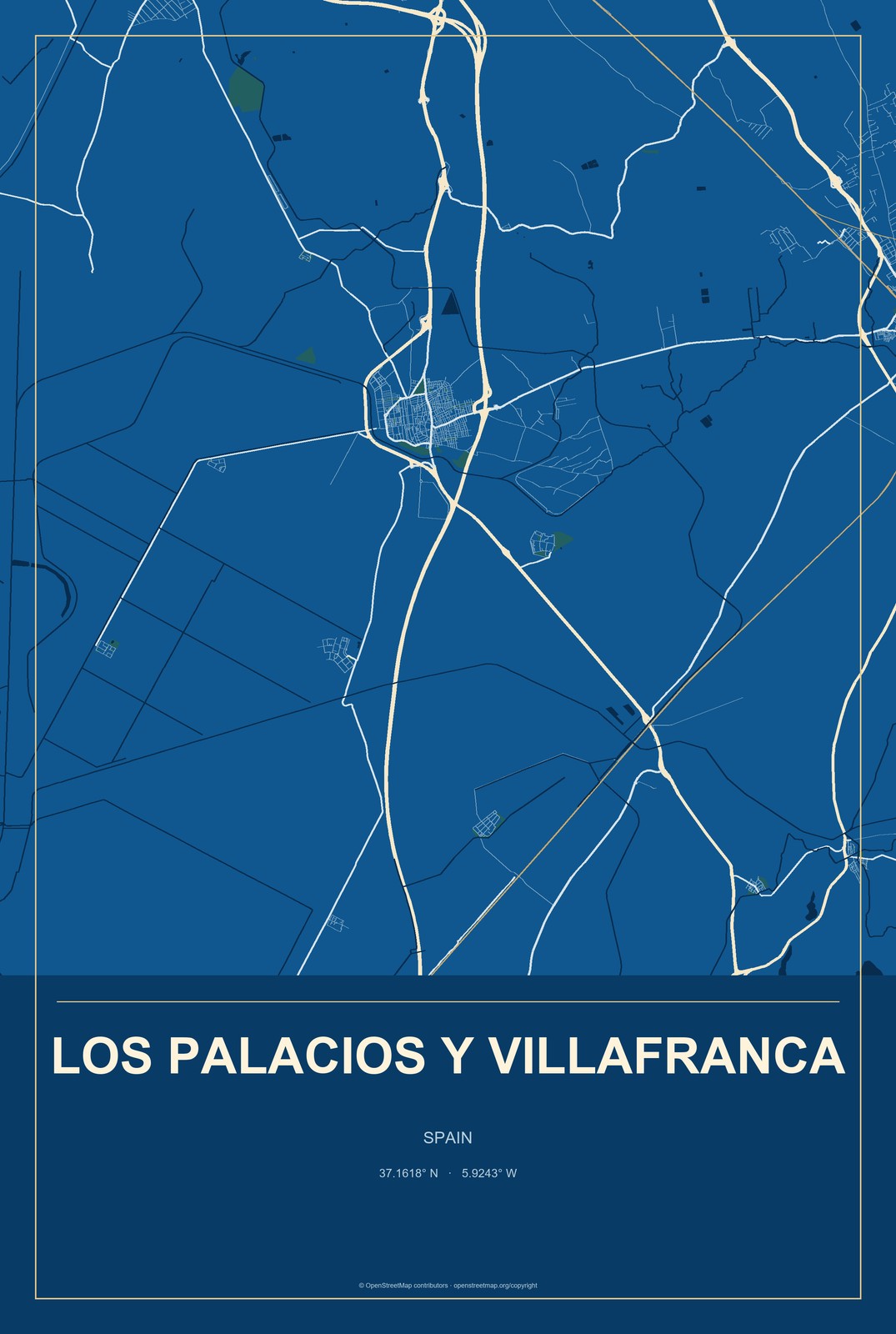 Los Palacios y Villafranca, Spain City Map Aluminum Sign in Harbor Cobalt style